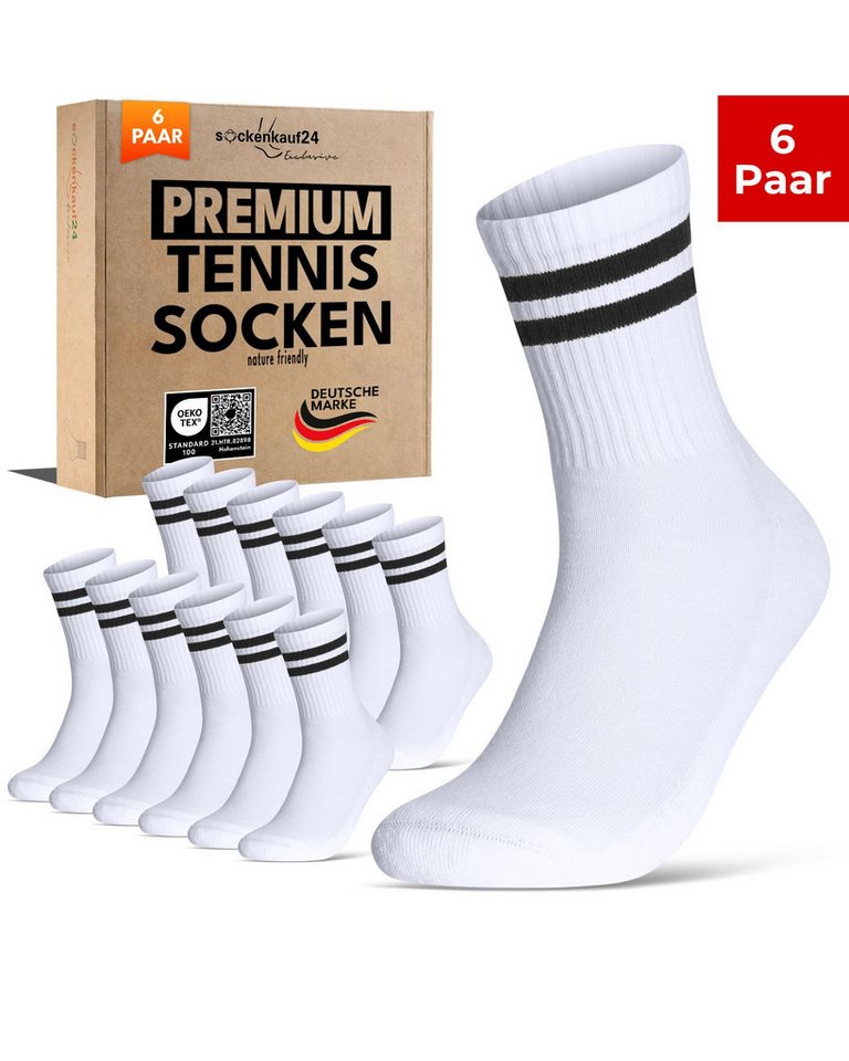 sockenkauf24 Tennissocken Damen Sportsocken Premium Retro Crew Socken mit Komfortbund (6-Paar) verstärkte Ferse & Fußspitze, gepolsterte Sohle, gekämmte Baumwolle