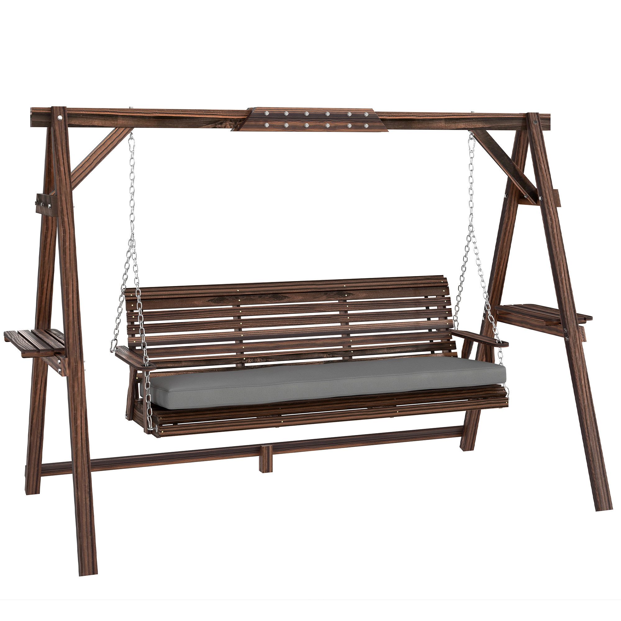 Outsunny Hollywoodschaukel mit Sitzauflage Ablagen, 3-Sitzer, verstellbare Sitzhöhe, Schaukelfunktion, Ablage, Gartenschaukel, 1 tlg., Holzschaukel, 243 x 134 x 170cm, Verkohlt