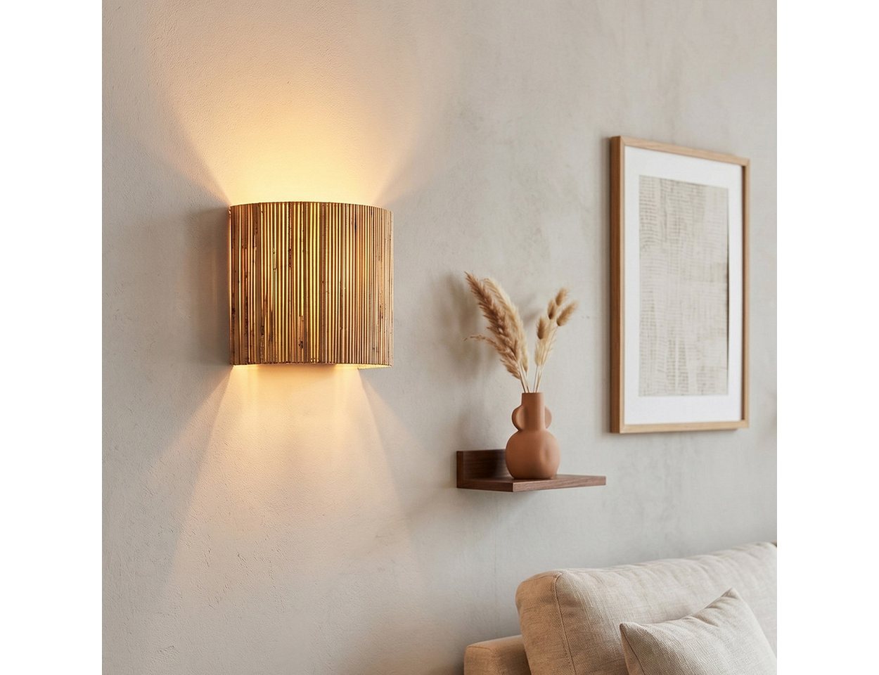 hofstein Wandleuchte moderne Wandlampe aus Metall/Seegras in Schwarz/Natur, ohne Leuchtmittel, im Boho-Design mit Up&Down Lichteffekt, 2x E14, ohne Leuchtmittel