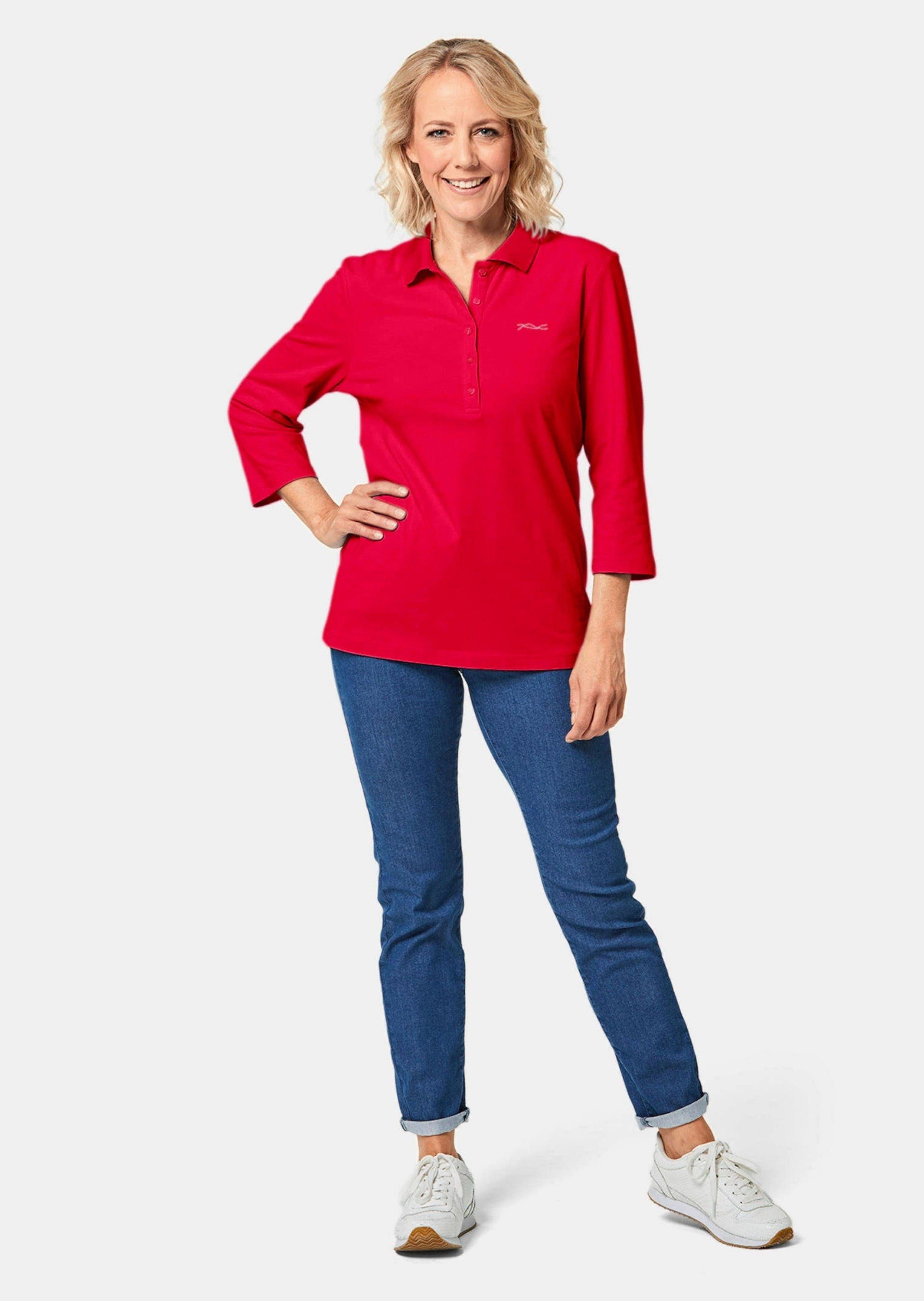 GOLDNER Poloshirt Baumwollshirt mit Glanzakzenten Stilvolles Jerseyshirt mit Polokragen, Knopfleiste und 3/4-Arm