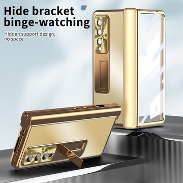 Wigento Handyhülle Für Samsung Galaxy Z Fold4 5G Magnetische Aluminium / Glas Handy Tasche Hülle Etuis Champagner / Gold + Stift