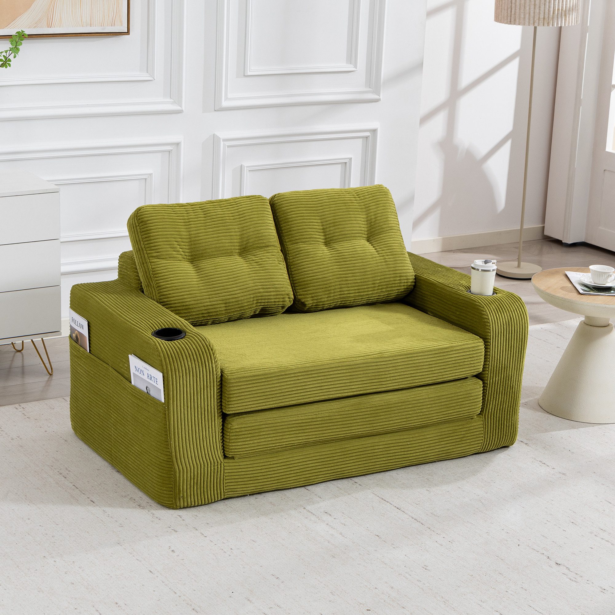 HAUSS SPOLE Schlafsofa mit Umbaufunktion,Modulares Bodensofa Zweisitzer,Wohnzimmer Cord Oliv, Zweisitziges Sofa mit Seitentaschen und Getränkehaltern, umbaubarer Doppel-Sitzsack mit gesteppten Kissen und Rückenlehne