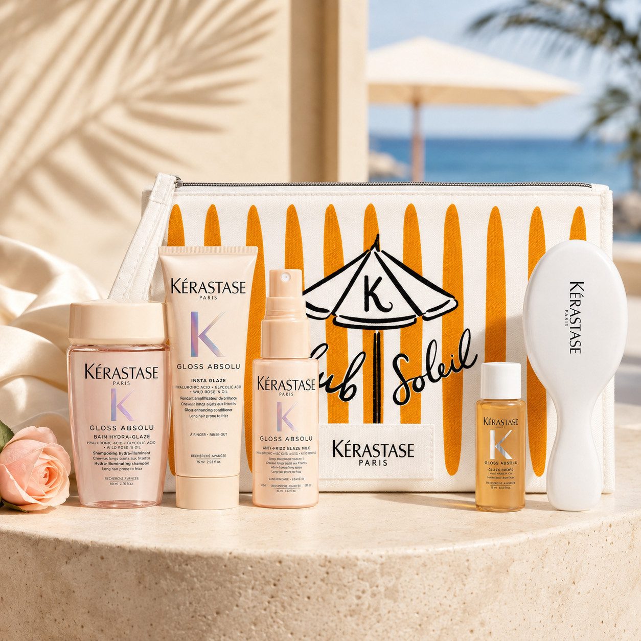 Kérastase Haarpflege-Set Gloss Absolu Travel Set mit Haarbürste & Beauty-Bag, 6-tlg., inklusive Haarbürste und Summer-Beautybag!