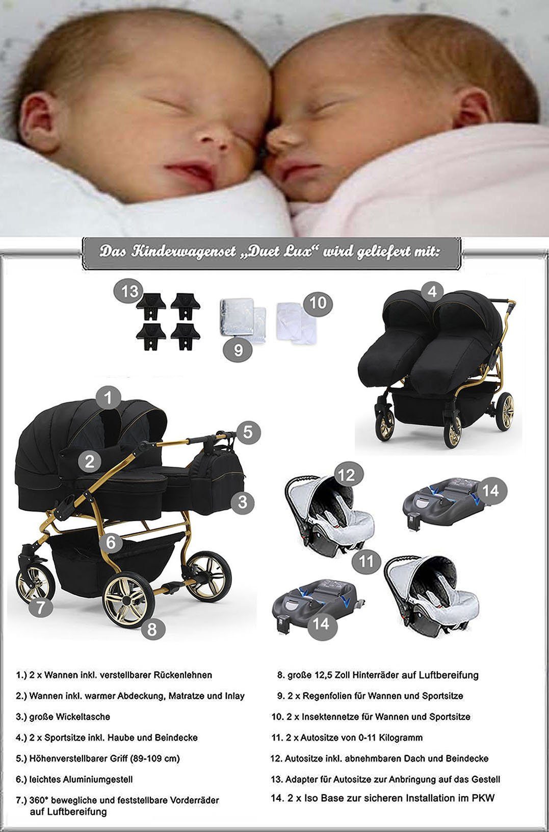 BabyMerc Zwillingswagen Duet Lux Gold 5 in 1 inkl. Sportsitze, Autositze und Isos in 20 Farben