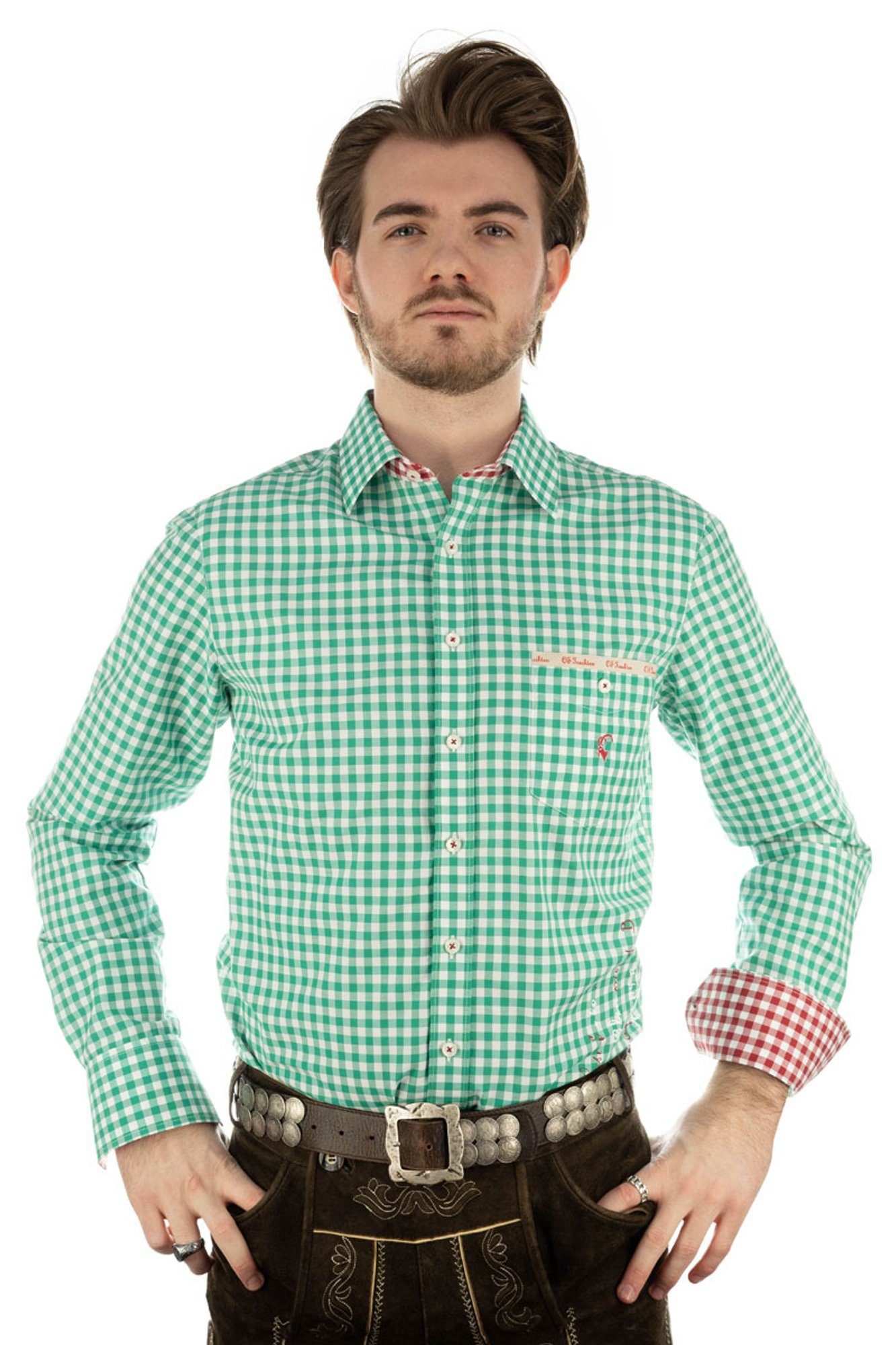 trachtengrün dem Ubegu Große OS-Trachten mit auf Trachtenhemd Rücken Stickerei Langarmhemd