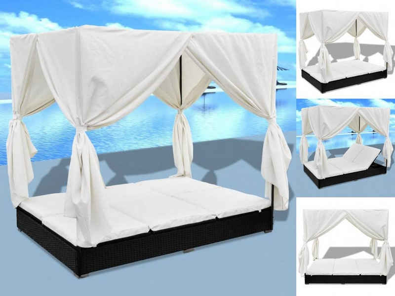 vidaXL Wellnessliege Outdoor-Loungebett mit Vorhang Polyrattan Schwarz Gartenliege Sonnenli