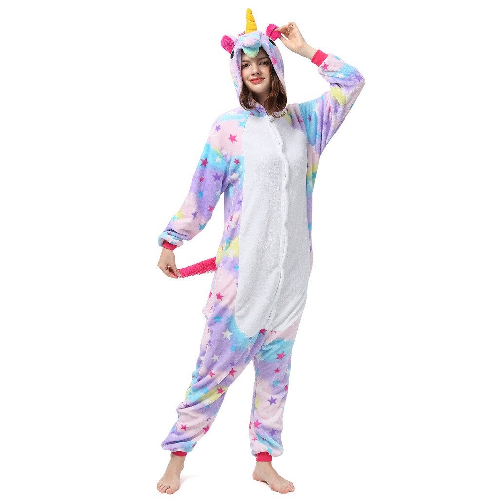 Katara Partyanzug Einhörner Jumpsuit Onesie Erwachsenen Kostüm S-XL, Karneval - Kostüm, Kigurumi - Einhorn lila Sterne S (145-155cm)