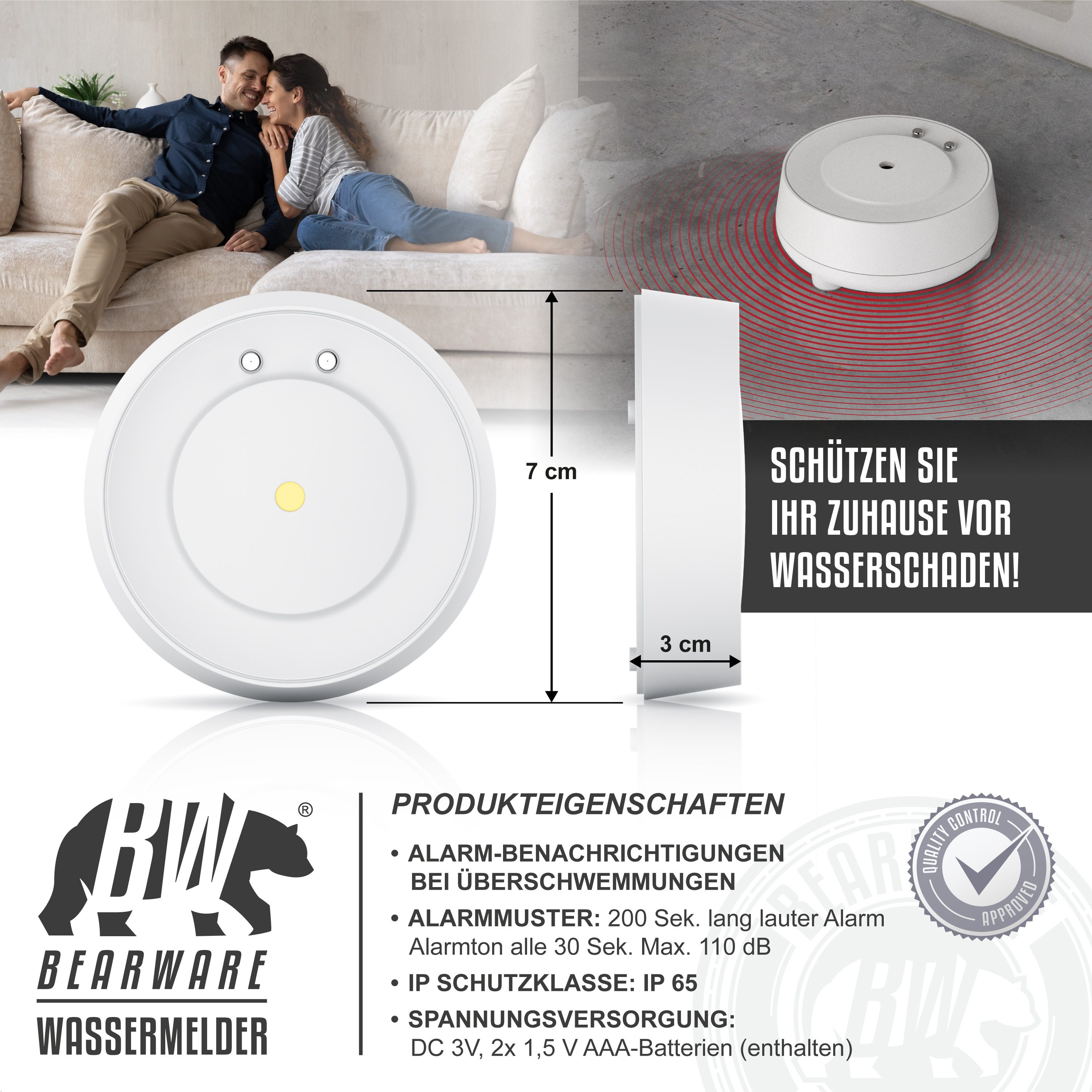 BEARWARE Wassersensor, IP66, Mini-Wasserdetektor, 110 dB lauter Alarm, Wassermelder (batteriebetrieben, Wasseralarm Melder warnt bei Wasserschäden)