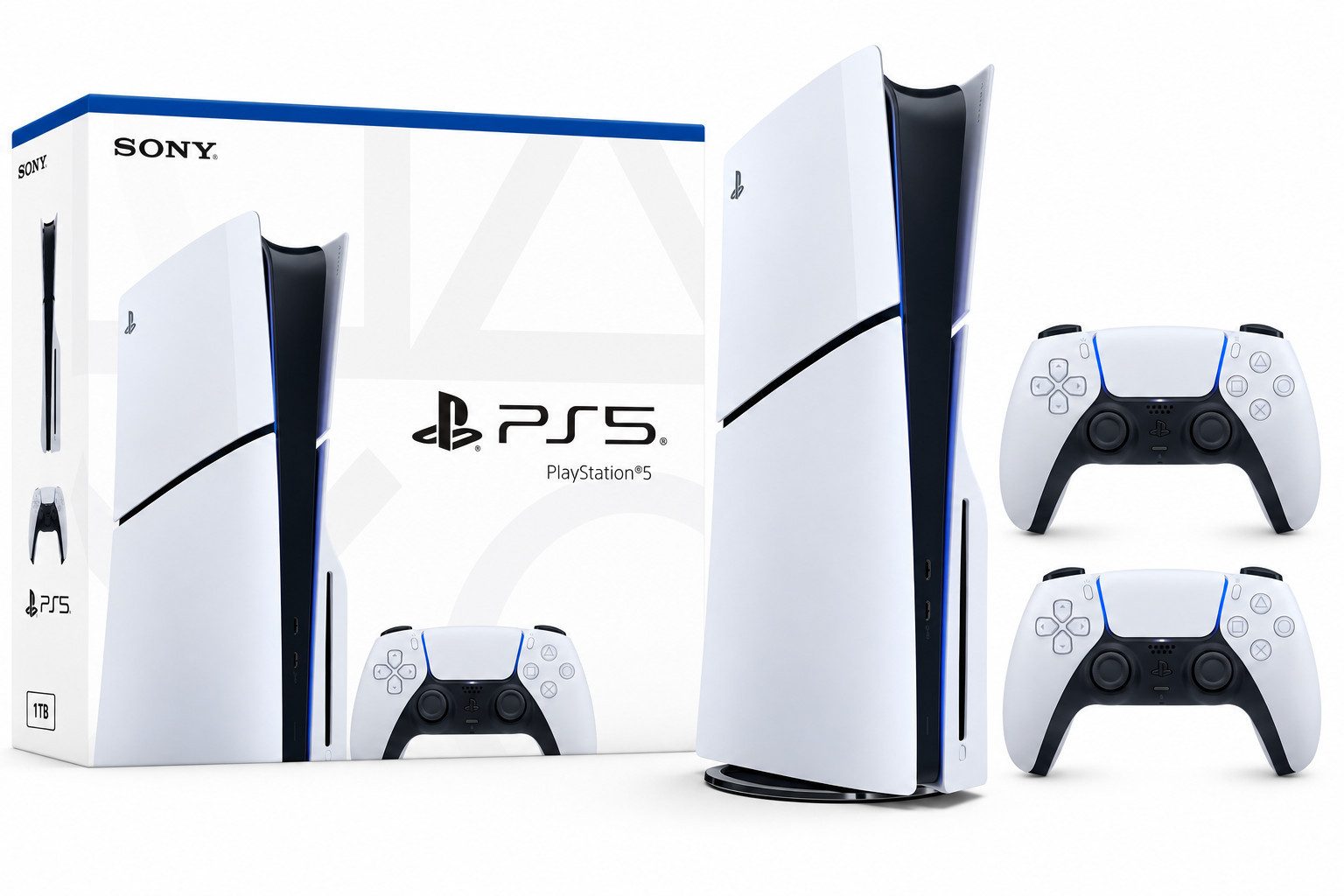 Playstation Sony PlayStation 5 Slim Laufwerk Disk mit 2 PS5 Controller Bundle Set, Ideal für lokale Multiplayer- und Koop-Abenteuer zu zweit