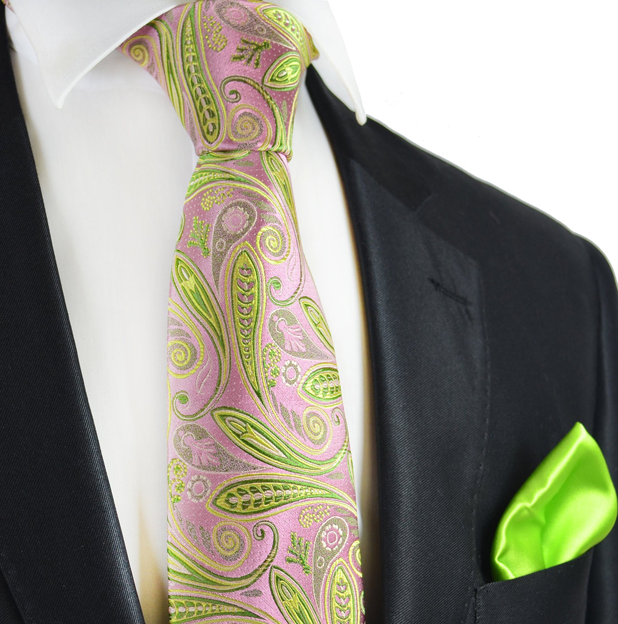 Paul Malone Krawatte 7-Fold Seidenkrawatte Schlips modern elegant 100% Seide paisley (Set, 2-St., mit Einstecktuch) rosa hellgrün grün S14113-30 rosa grün