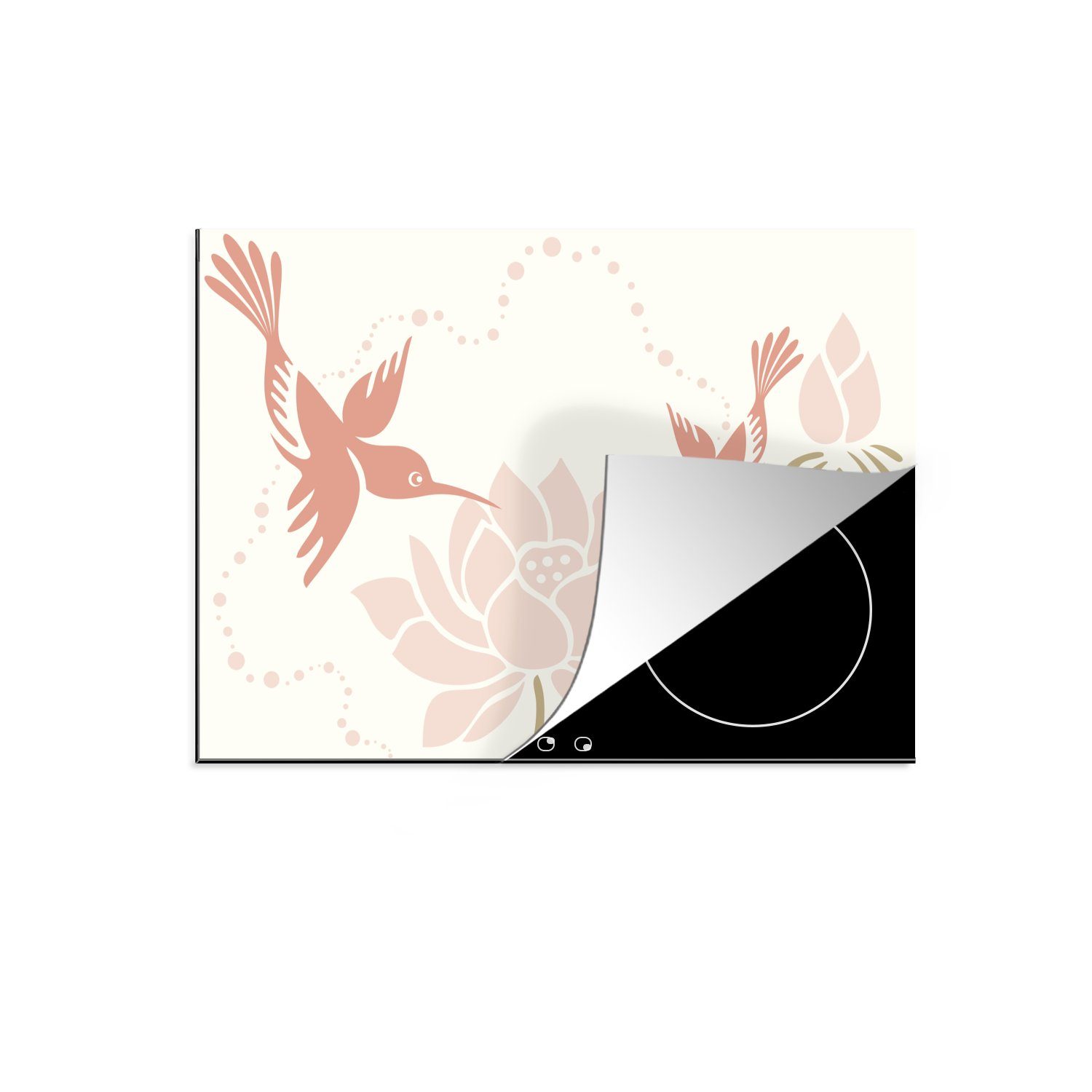 MuchoWow Herdblende-/Abdeckplatte Illustration einer Lotosblume mit Vögeln, Vinyl, (1 tlg), 71x52 cm, Induktionskochfeld Schutz für die küche, Ceranfeldabdeckung