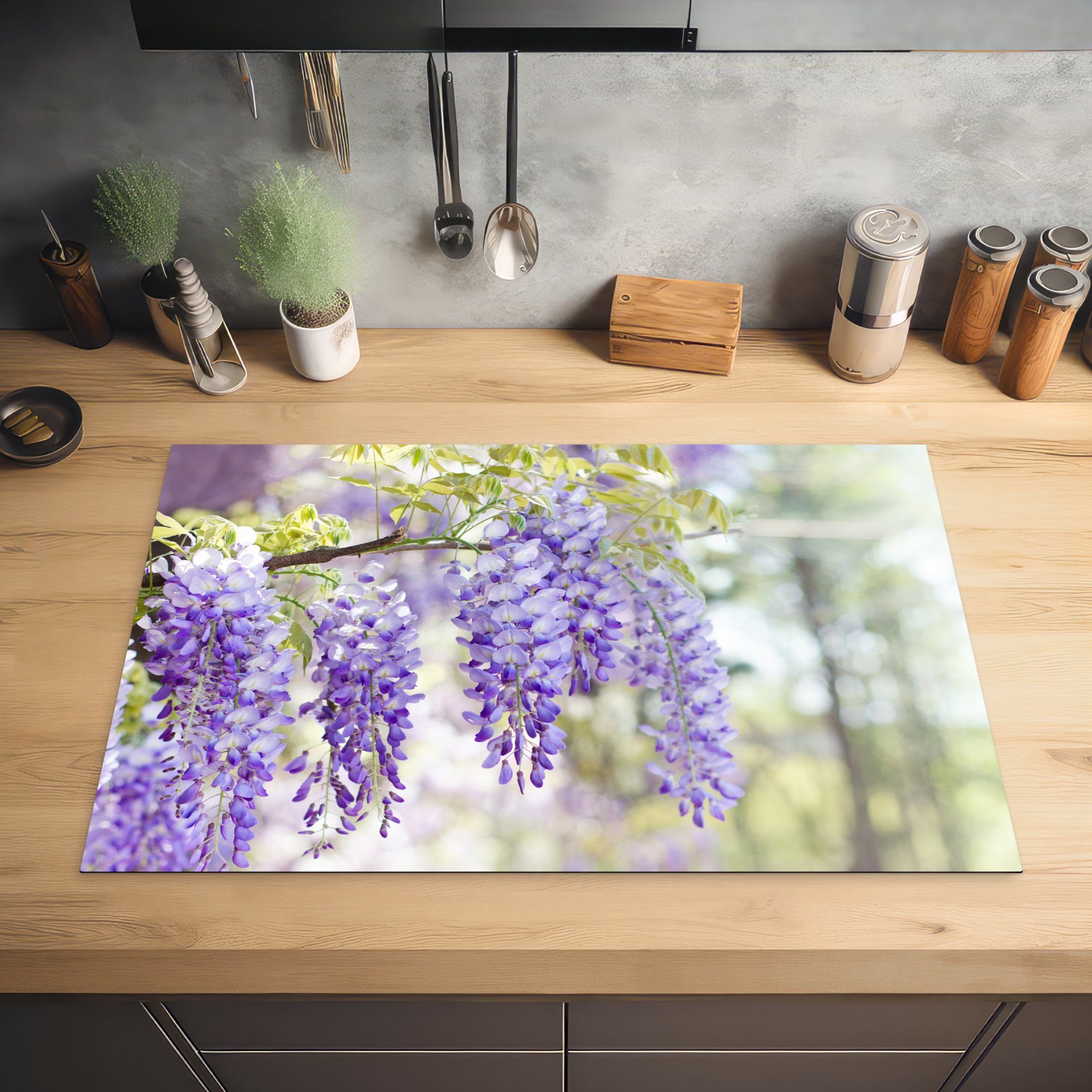 Regen in küche, Ceranfeldabdeckung Schutz tlg), Blauer Vinyl, 81x52 Blüte, (1 Induktionskochfeld für MuchoWow die Herdblende-/Abdeckplatte cm, voller