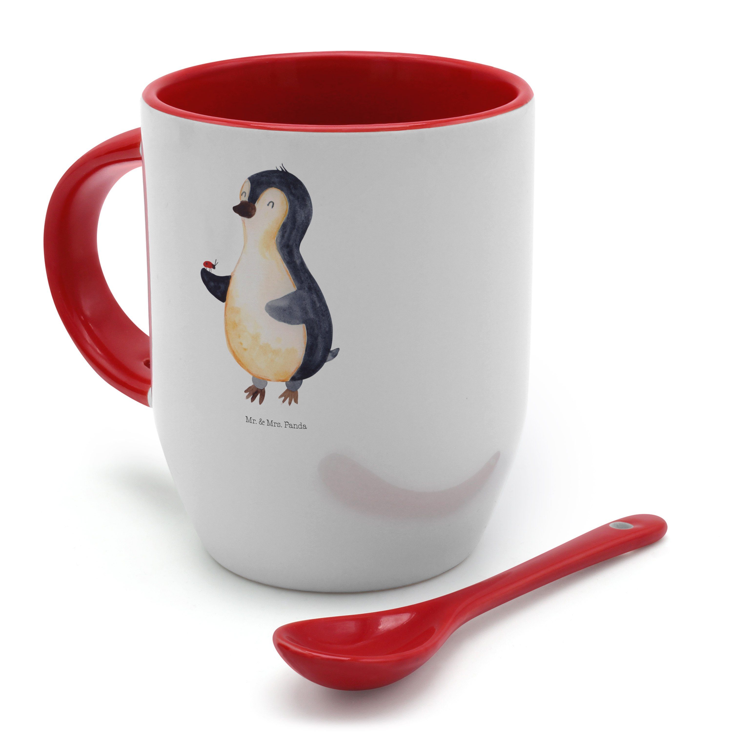 Marienkäfer Mr. Pinguin mit Tasse Spruch, & Panda Geschenk, - Mrs. Keramik Tasse Lebensfreude, - Weiß