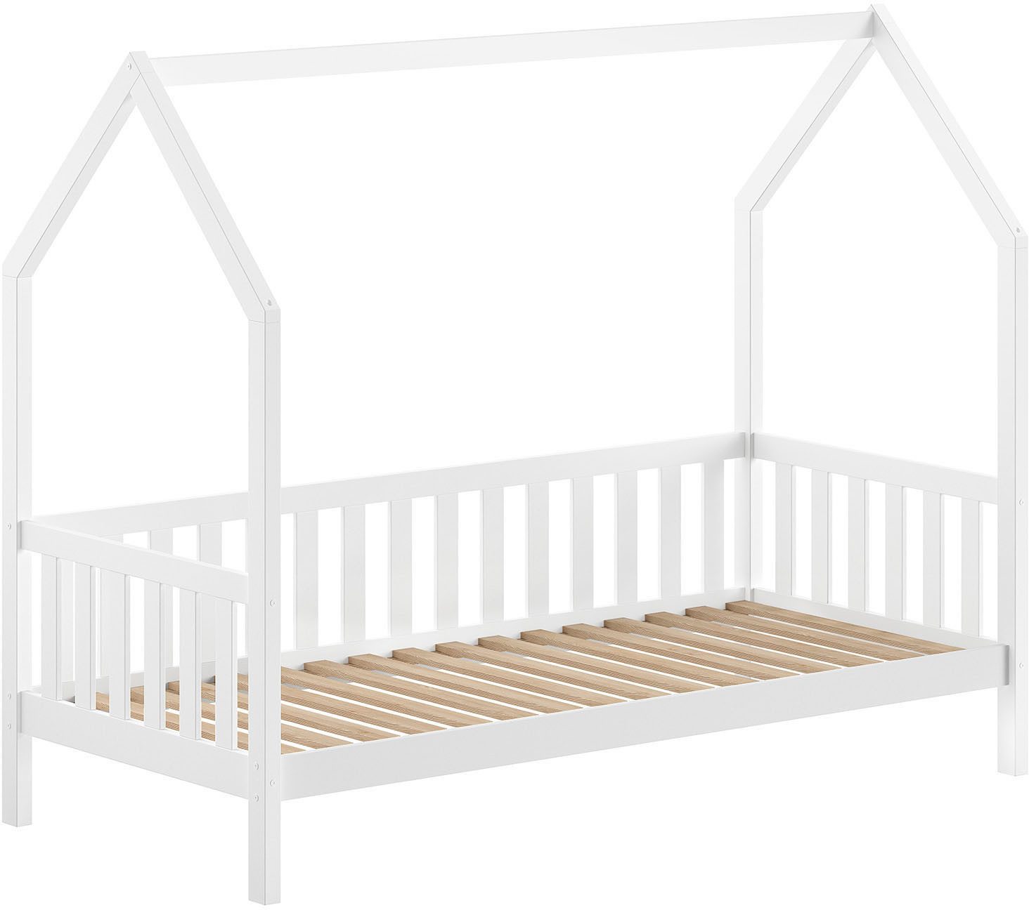 Vipack Hausbett Cabane, mit Dachaufbau und Sprossenumrandung in Landhaus-Optik (B/H/T ca. 208x169x98 cm) aus massiver Eiche, Oberfläche Natur), sehr stabil und standfest gebaut inkl. Massivholz Rolllattenrost
