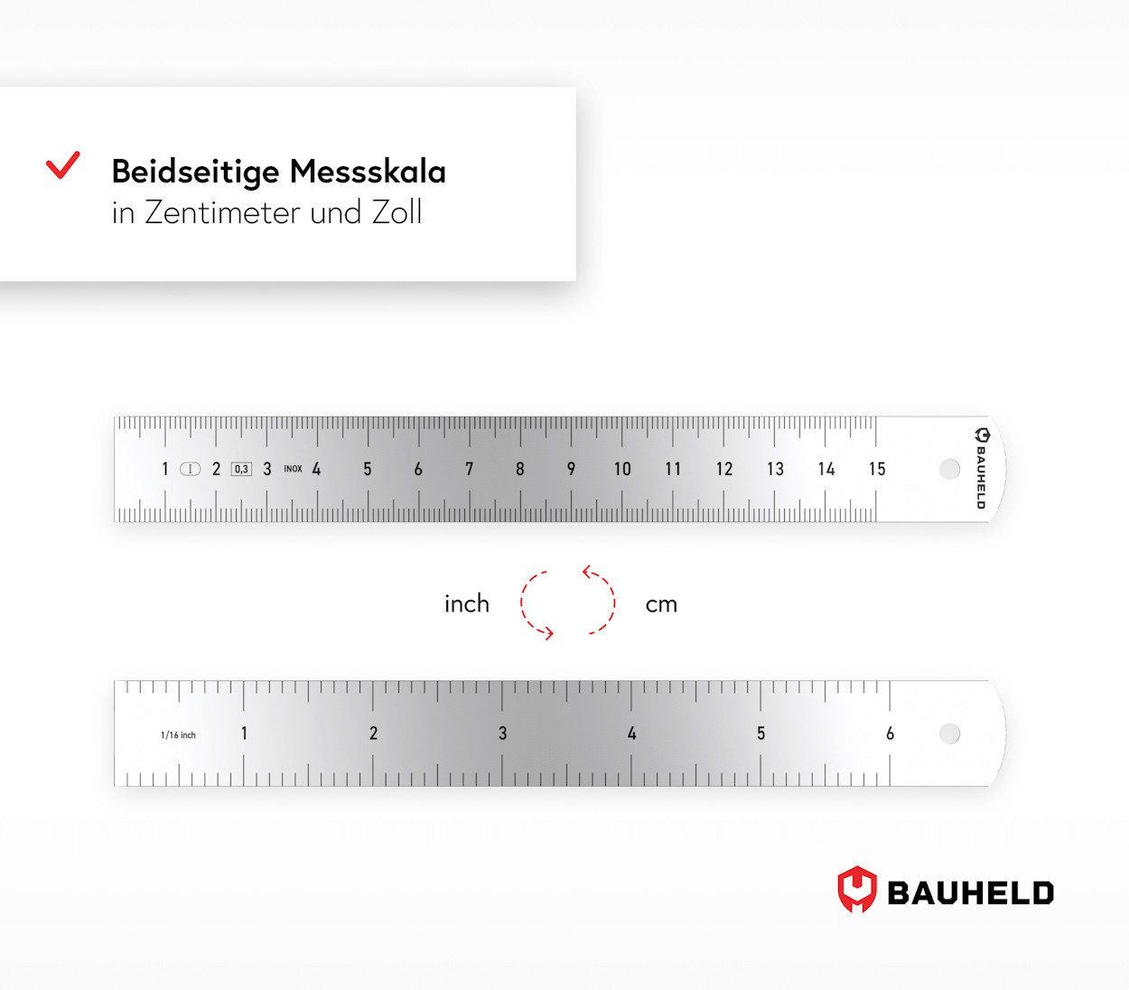 BAUHELD Lineal Stahlmaßstab, 150mm 300mm [EG-1] - Stahllineal mit INCH und CM [Made in Germany]