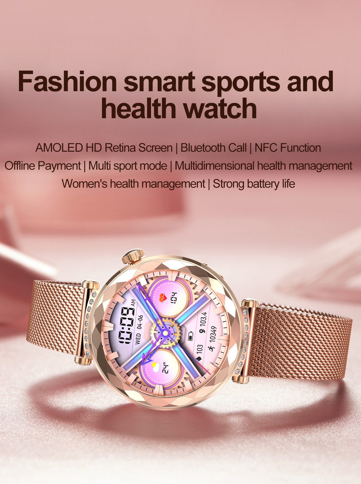 Zevelora Elegant Damen's Telefonfunktion 180mAh Prämie Smartwatch (1,19 Zoll, Android/iOS), Elegantes Handgelenkgerät mit Fitness-Tracking & Premium Funktionen