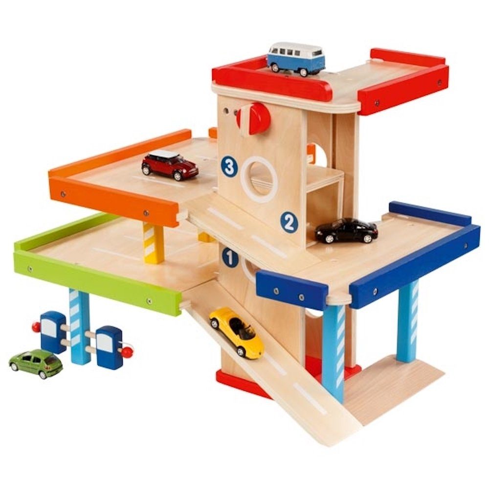 goki Spiel-Parkhaus aus Holz, 51,9 x 31,4 x 38,5 cm Tanksäulen Waschanlage  Holzspielzeug