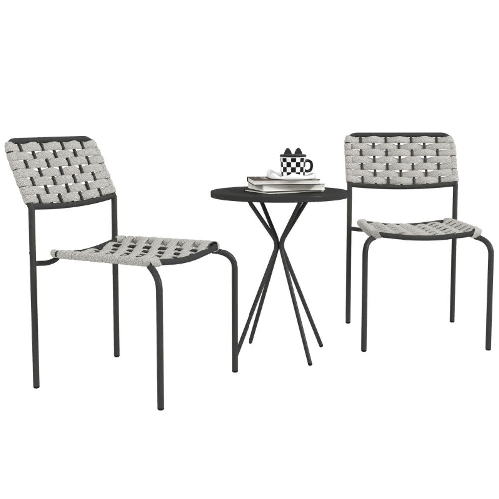 MODFU Sitzgruppe 3-tlg. Polyrattan Ø 48x60 cm, 2 Stapelstühle + Tisch, wetterfest, (Set, 3-tlg., Leichte Pflege & robuste Konstruktion für entspannte Stunden im Freien), Kompakte Sitzgruppe für 2 Personen – perfekt für Balkon & Terrasse