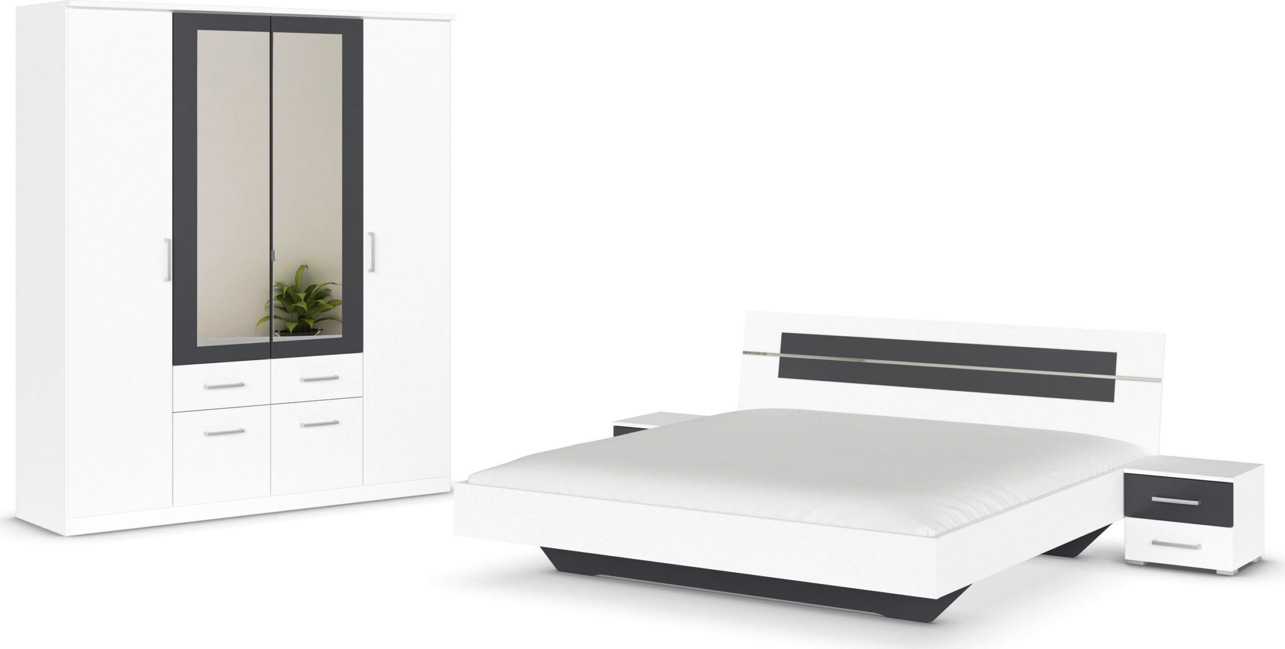 möbel-direkt.de Komplettschlafzimmer Burano in Weiß und Grau, (Komplett-Set, 4-tlg., mit verschiedenen Schrankvarianten wählbar), Made in Germany, mit Spiegeltüren