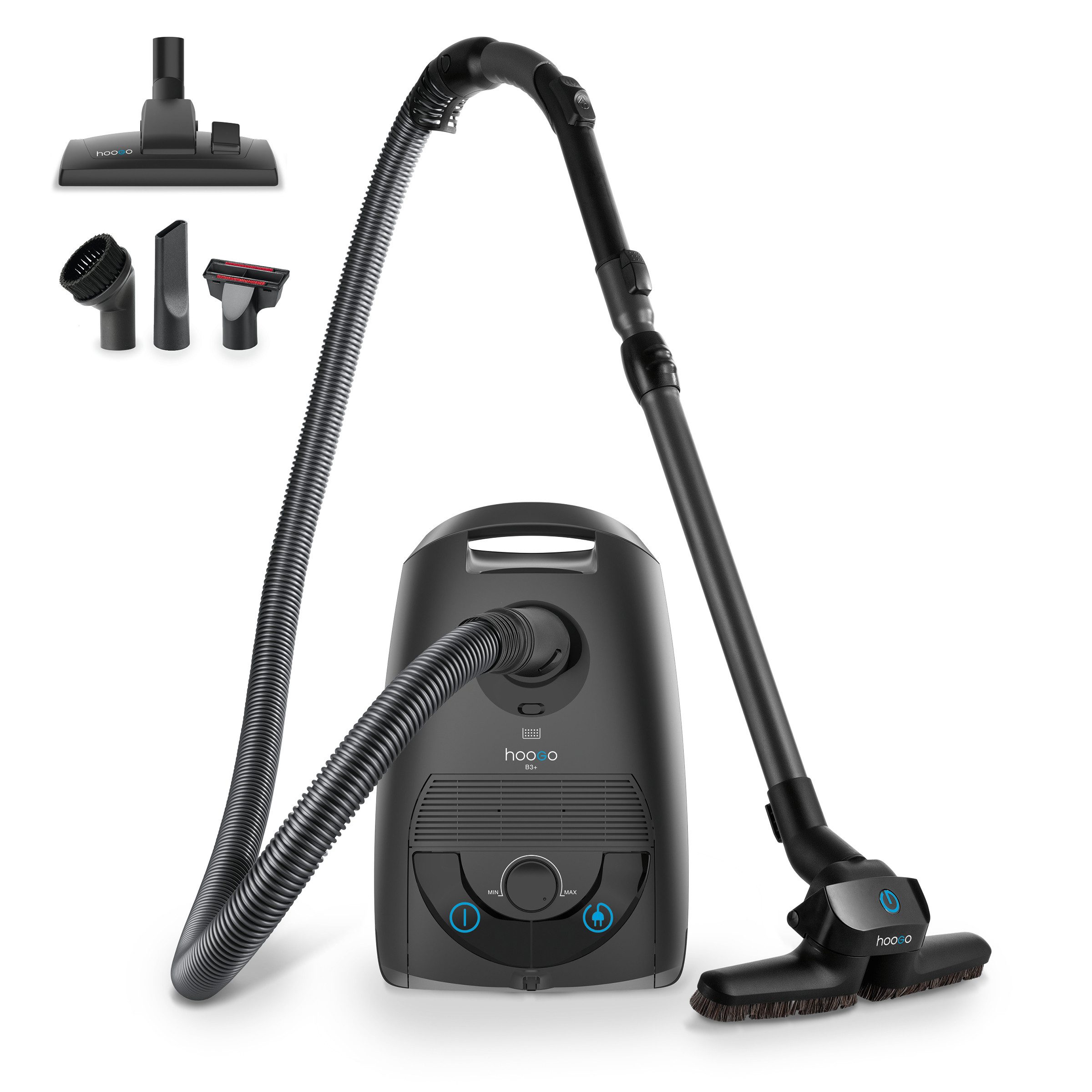 hoogo Bodenstaubsauger B3+ anthrazit flipflop mit High-End Leichtlaufdüse und flipflop-Düse, 850,00 W, mit Beutel, HEPA-14-Filter, ideal für Allergiker, saugt Milben und Pollen