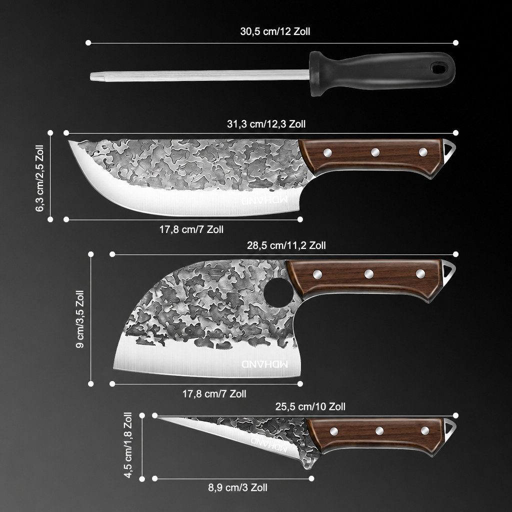 MDHAND Messer-Set Handgeschmiedetes 4-teiliges Kochmesser Set aus Edelstahl (4-tlg), ideal für BBQ, Outdoor & Camping als Geschenk