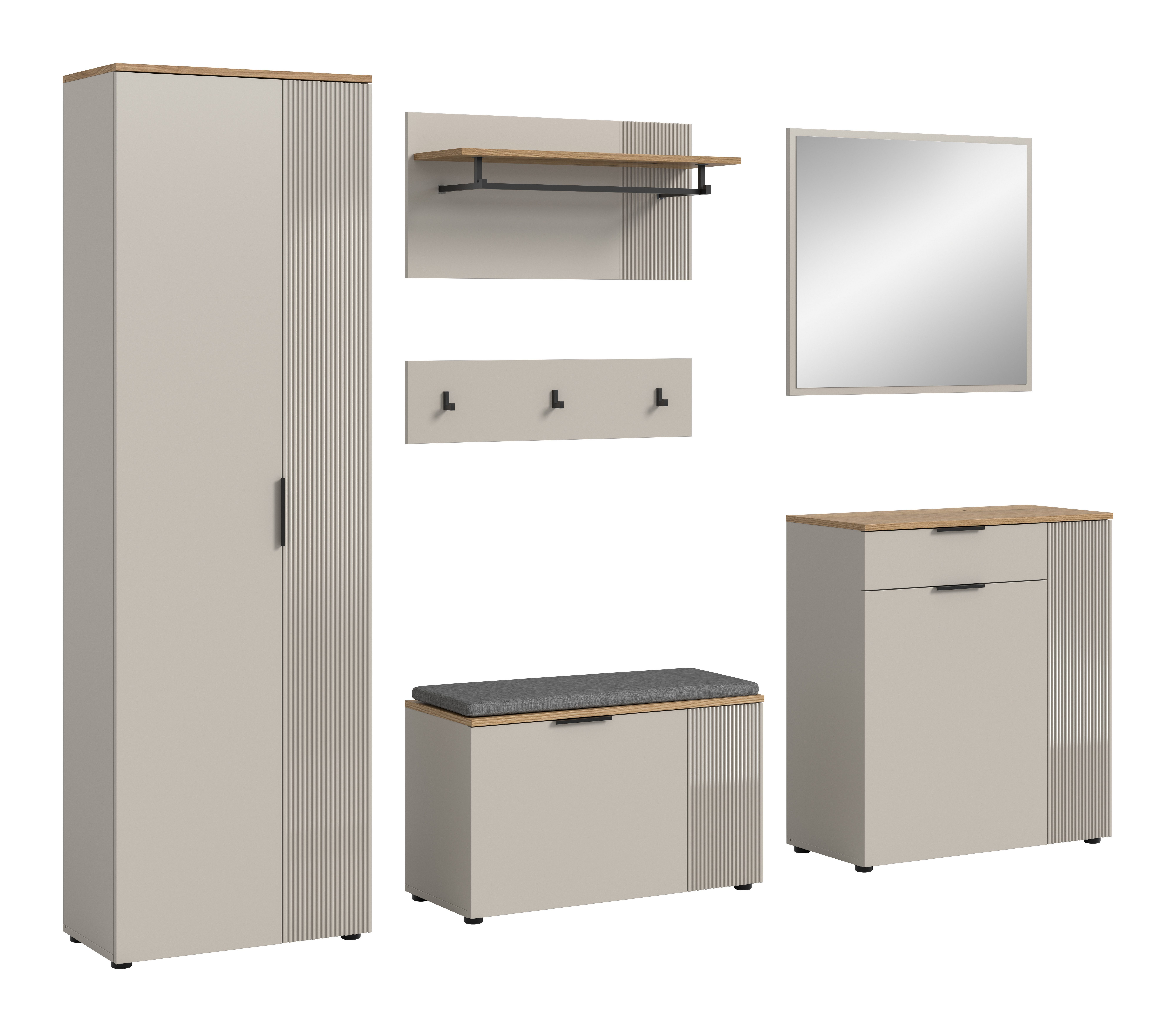 furnling Garderoben-Set Sileo, (5-St., Garderobenschrank, Kommode, Paneel, Sitzbank inkl. Kissen, Spiegel), pflegeleichte MDF Front mit Längstfräsung, Sitzfläche, Breite 250 cm
