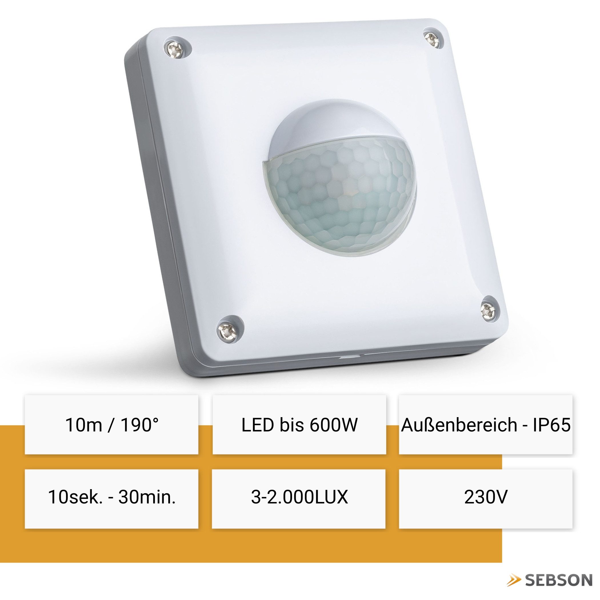 SEBSON Bewegungsmelder Bewegungsmelder Außen IP65 Unterputz LED geeignet programmierbar, (1-St), LED geeignet, IP65, programmierbar, 190°, Ein- und Ausschalter