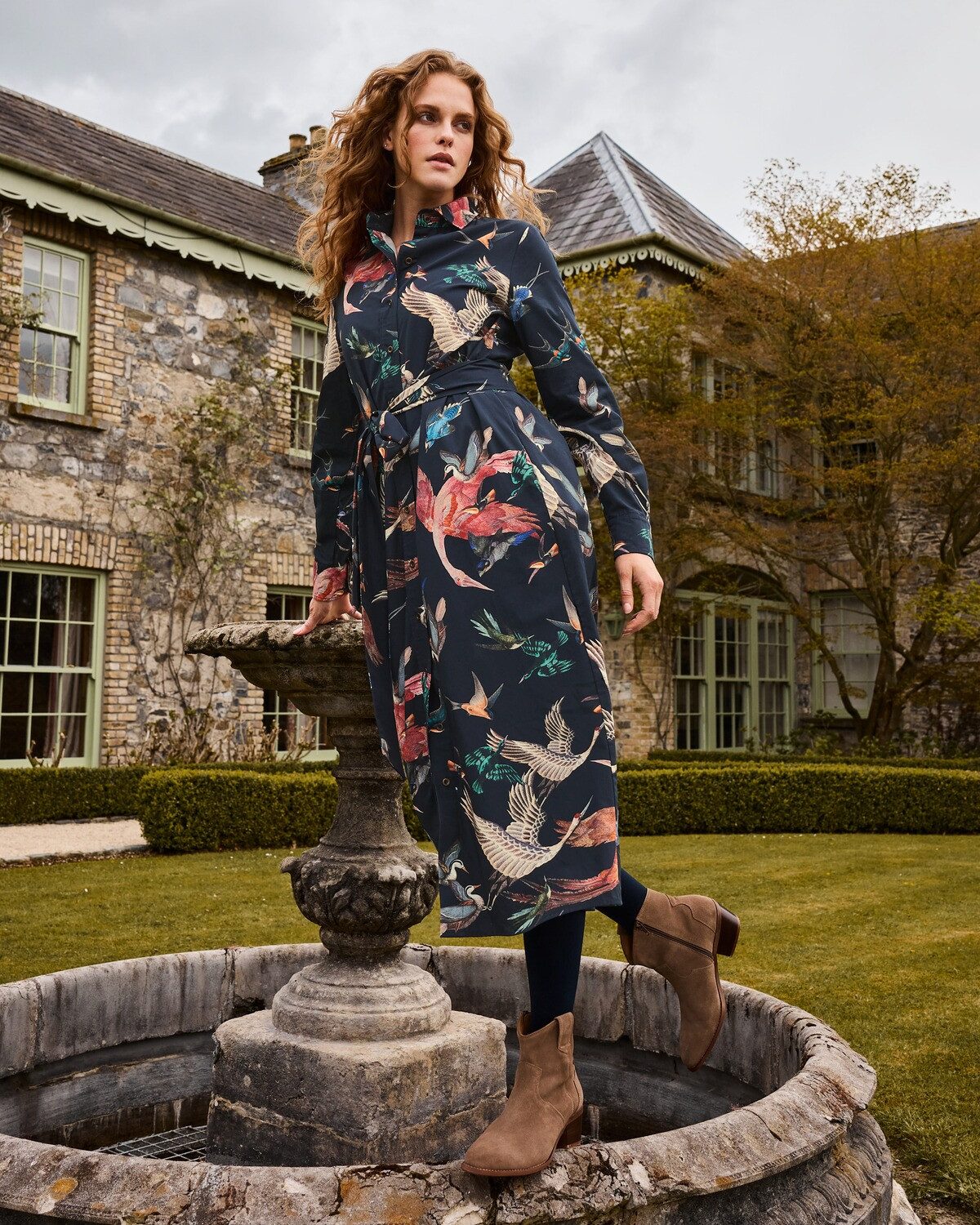 Brigitte von Schönfels Midikleid Hemdblusenkleid mit Vogelmotiven