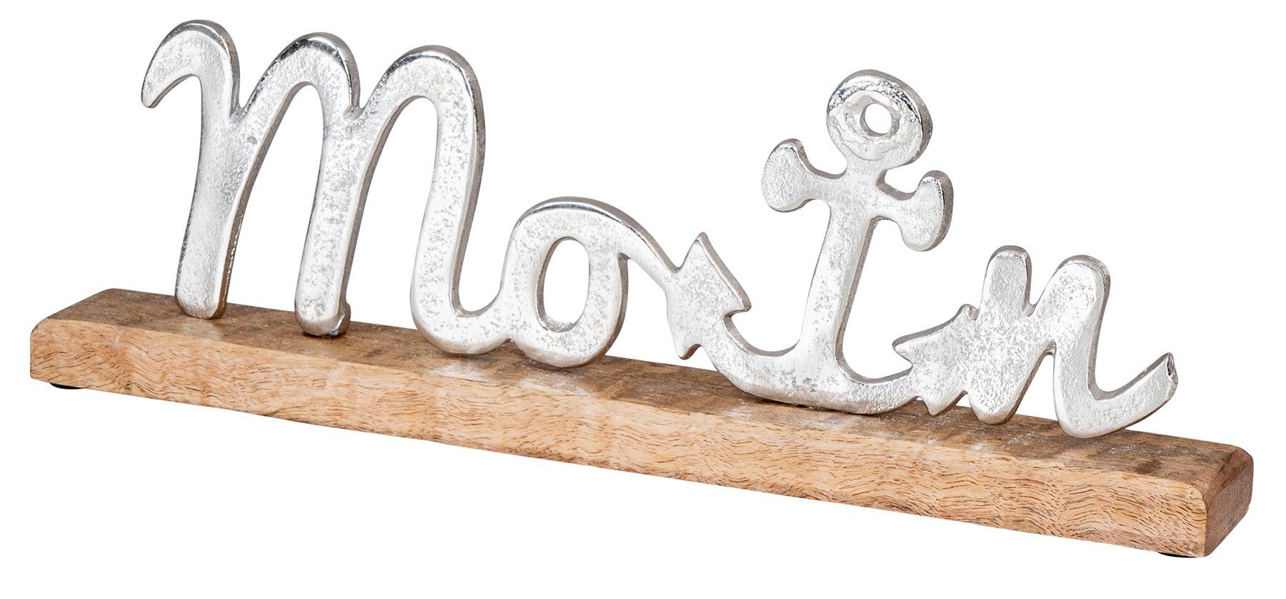 Levandeo® Deko-Schriftzug, Aufsteller Moin L40cm Metall Silber Mango Holz Maritim Tischdeko Deko