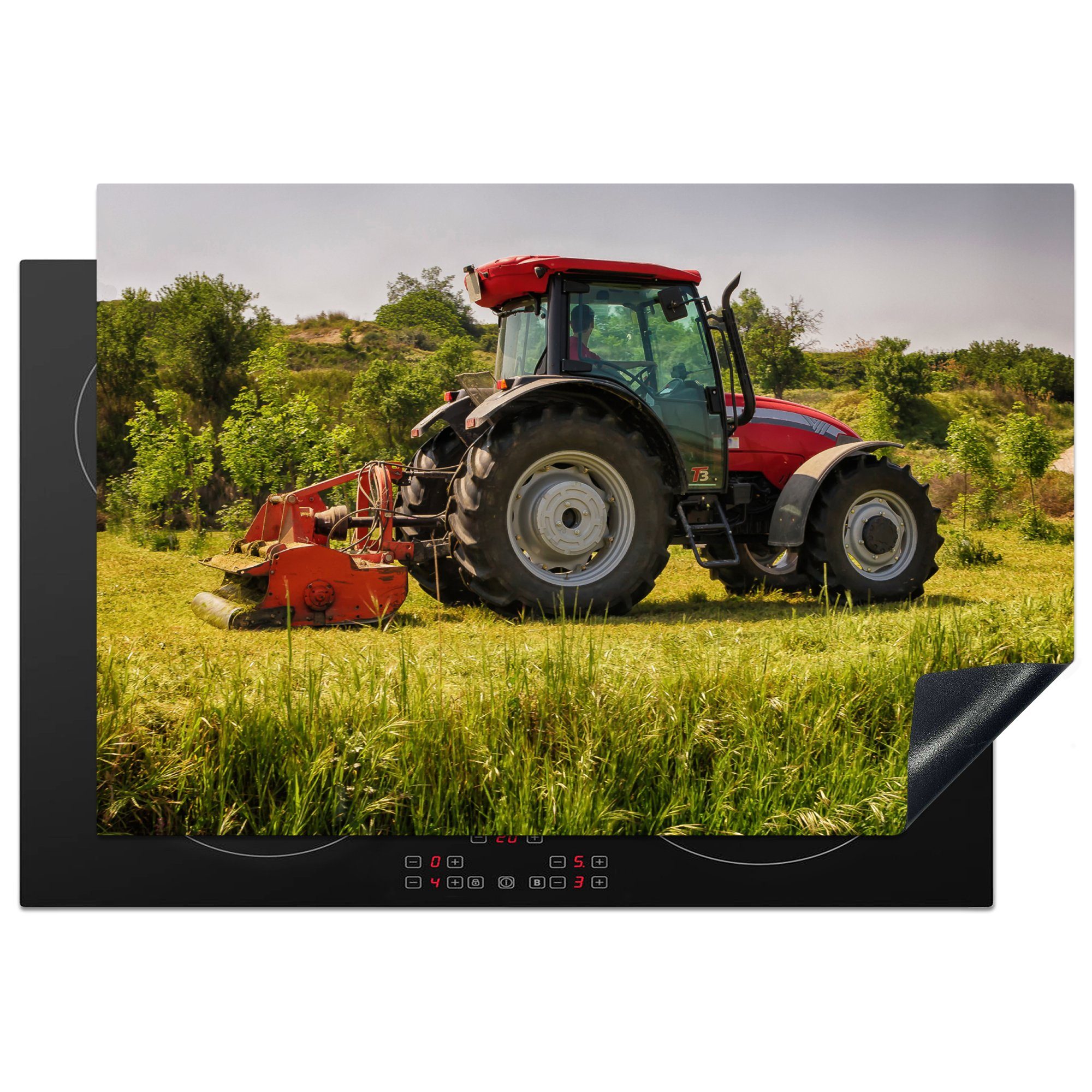 MuchoWow Herdblende-/Abdeckplatte Traktor - Rot - Natur - Grün - Landleben, Vinyl, (1 tlg), 77x51 cm, Ceranfeldabdeckung, Arbeitsplatte für küche