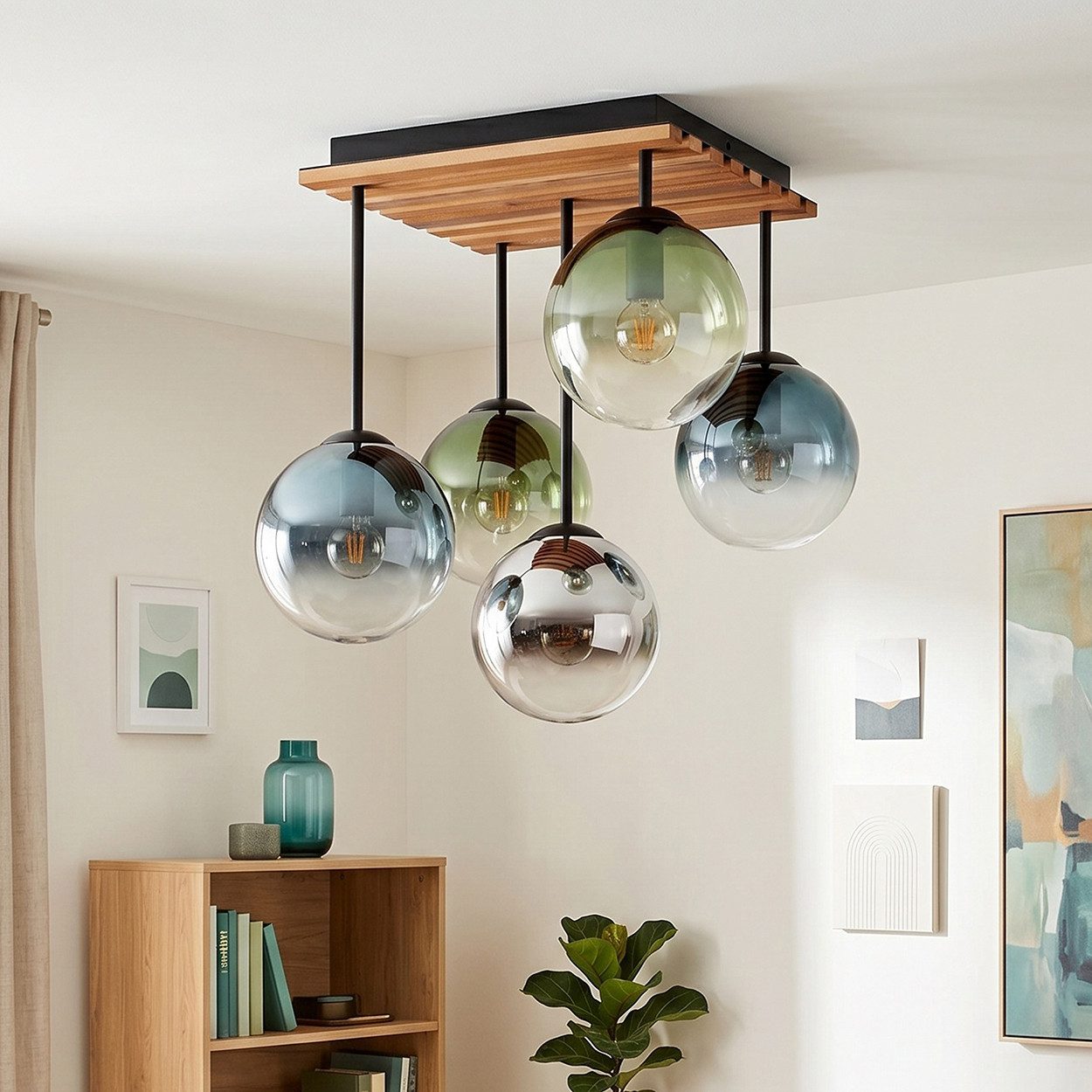 hofstein Deckenleuchte Deckenlampe aus Metall/Holz/Glas in Chrom-/Rauchfarben/Blau/Grün/Klar, moderne Deckenleuchte im Retro/Vintage/Boho-Design, 5 x E14