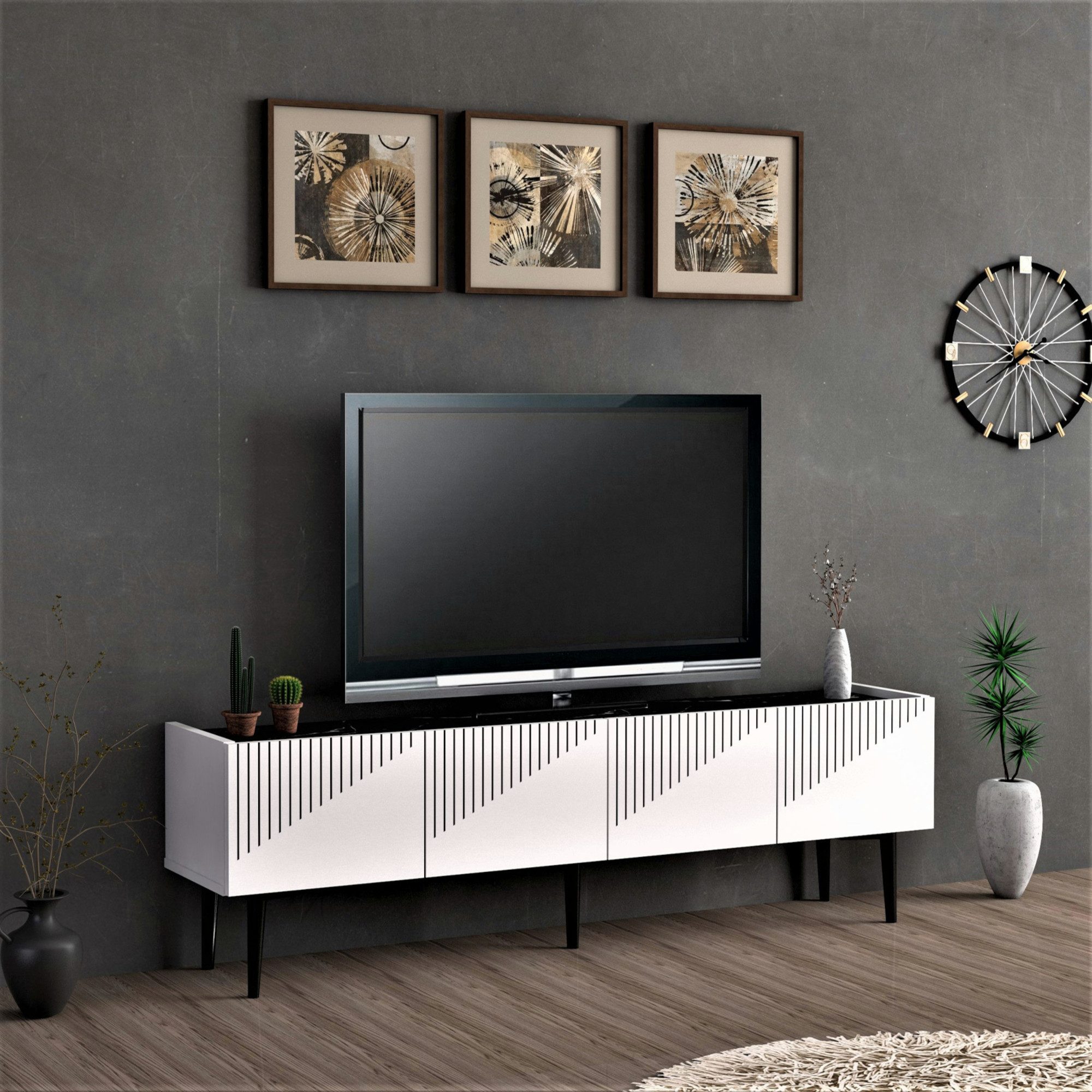 en.casa TV-Schrank »Oppdal« 154x37x45cm Weiß / Marmor, schwarz