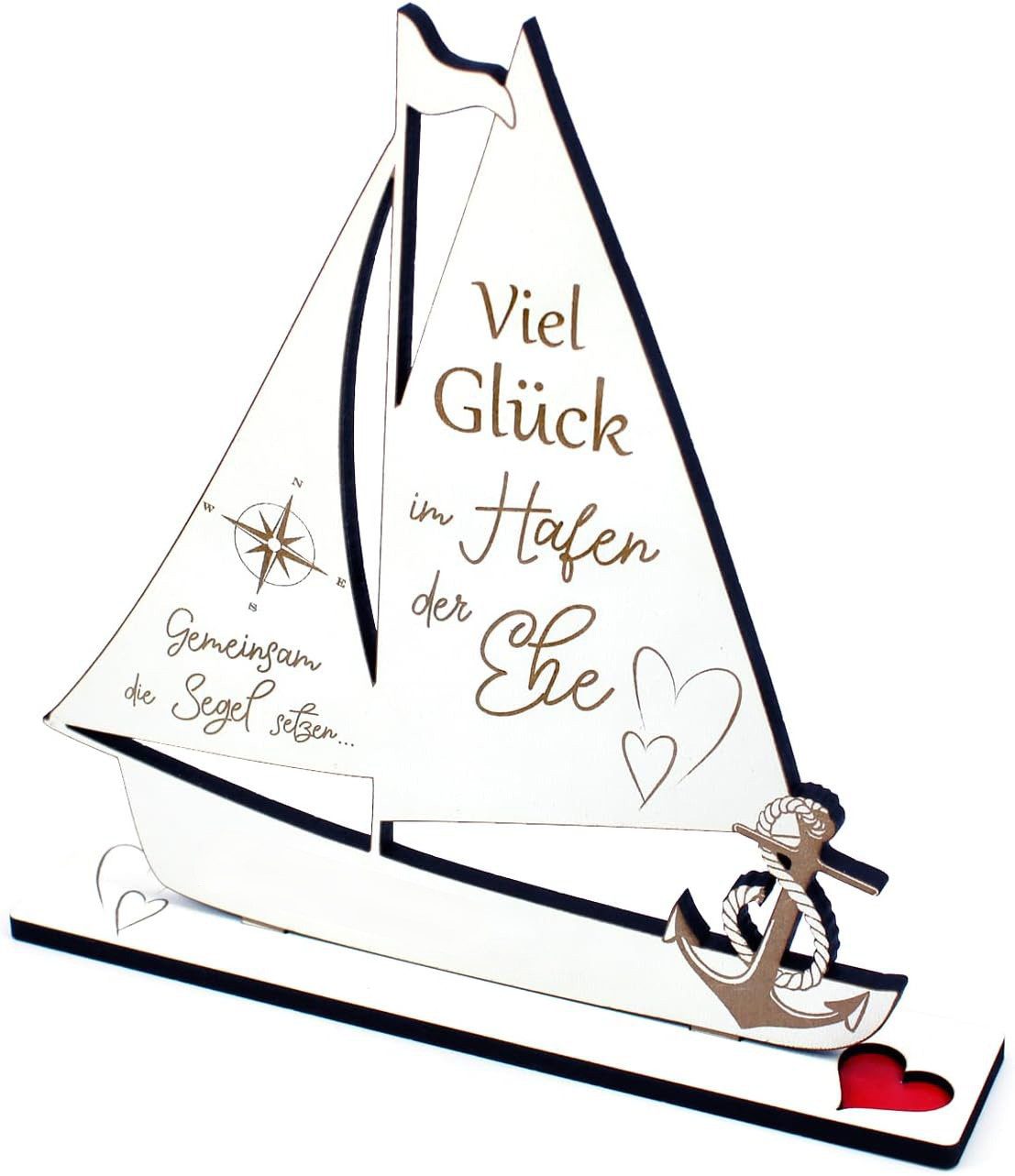 Dekolando Dekoobjekt Geldgeschenk zur Hochzeit Schiff - Viel Glück im Hafen der Ehe (2-teilig, Weiß), HDF