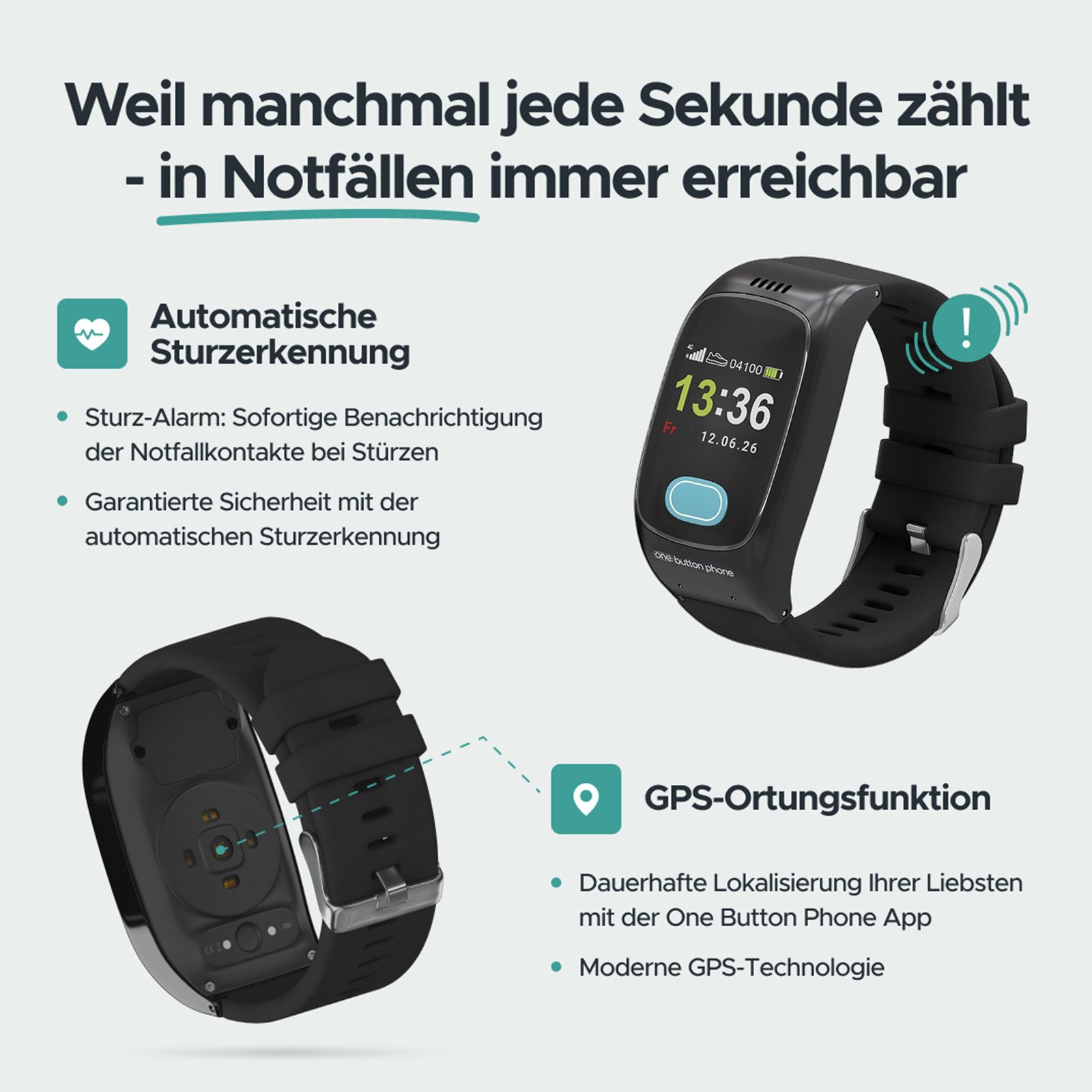 one button phone Notfallarmband GPS&SOS Notruf mit Sturzerkennung Smartwatch, SOS-Taste, automatische Sturzerkennung und GPS-Ortung