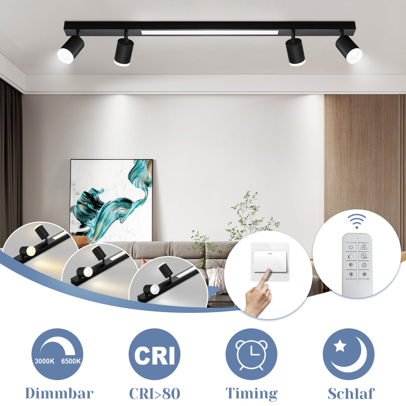 Nettlife LED Deckenleuchte 4 Flammig Dimmbar mit Fernbediennung 38W Schwarz günstig online kaufen