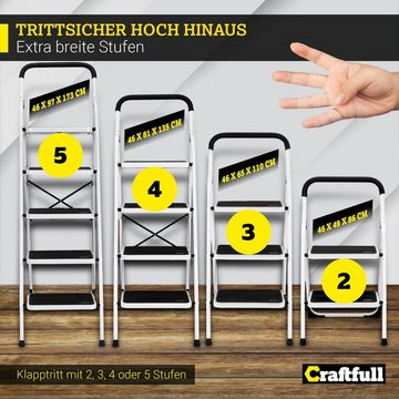 Craftfull Trittleiter Leiter CF-132A - 3 J. Garantie - 2-5 Stufen - Eisen (150 kg Traglast - Eisen Stehleiter bis 150 kg - Doppelleiter - Klapptritt - Sicherheitsleiter - Multifunktionsleiter - Vielzweckleiter - Mehrzweckleiter, 1-St., extra großer Trittfläche, Anti-Rutsch, Sicherheitsbügel), Haushaltsleiter Klappleiter Arbeitsleiter Arbeitsbühne klappbar