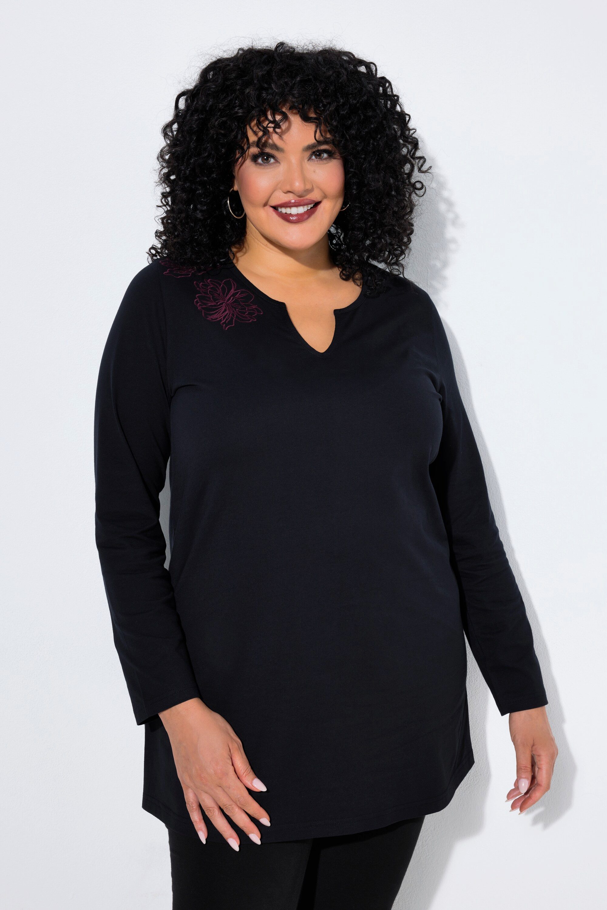 Ulla Popken Longshirt Longshirt Stickerei A-Linie Tunika-Ausschnitt