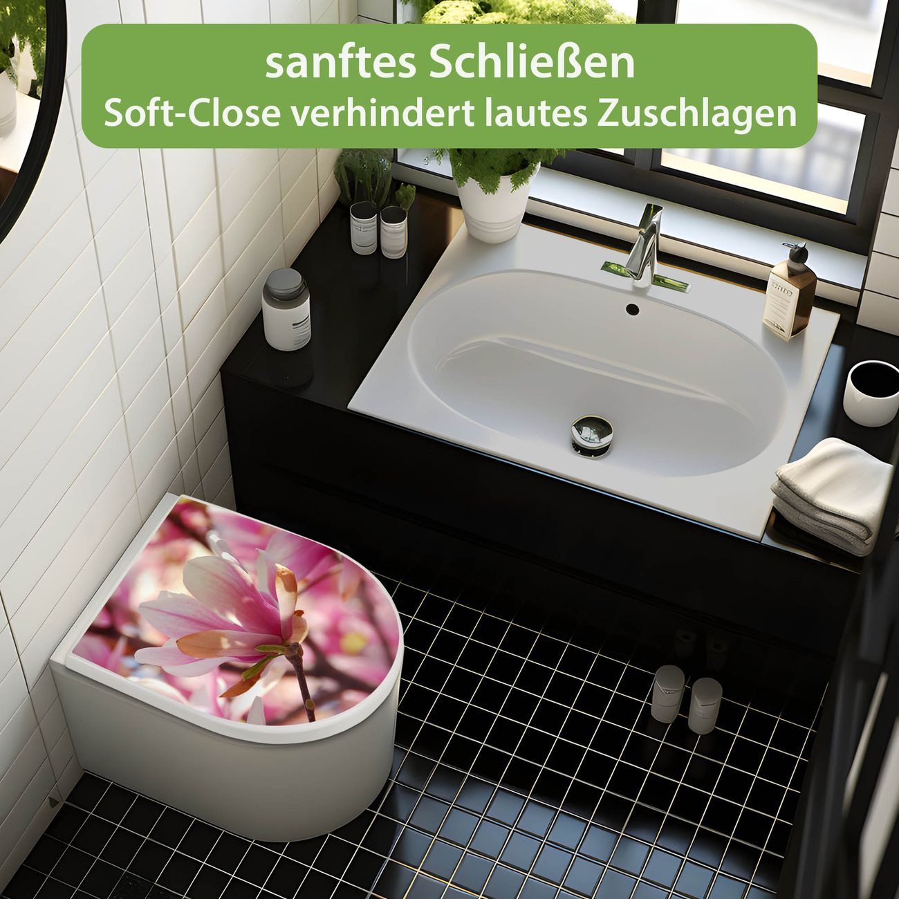 banjado WC-Sitz Premium D-Form mit Absenkautomatik Motiv Magnolia (umweltfreundliches Material, Softclose Absenkautomatik), 45 x 36,4 x 4
