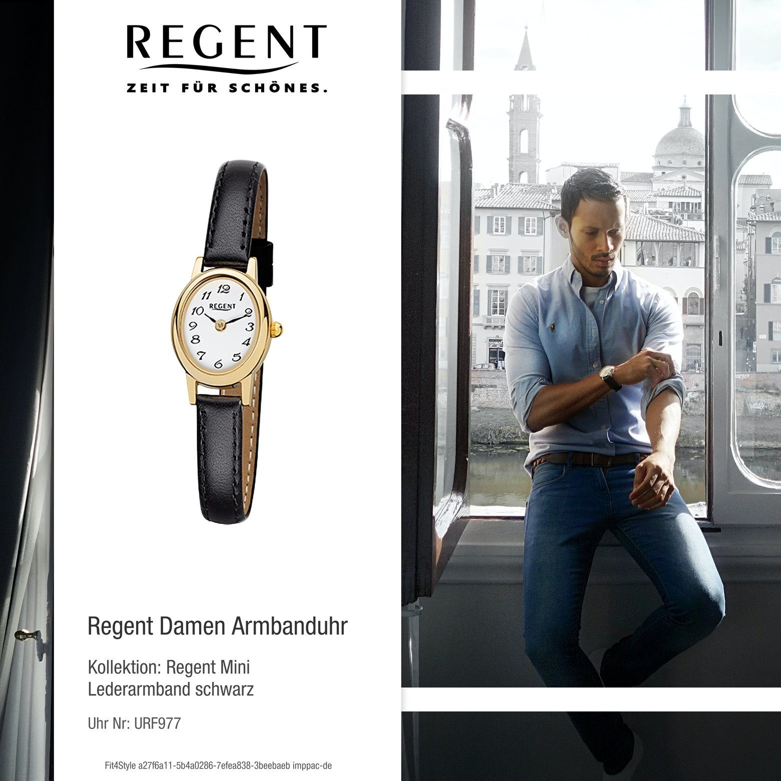 Analog, klein Regent Damen Damen-Armbanduhr (ca. Armbanduhr 18x21mm), Regent oval, Quarzuhr schwarz Lederarmband