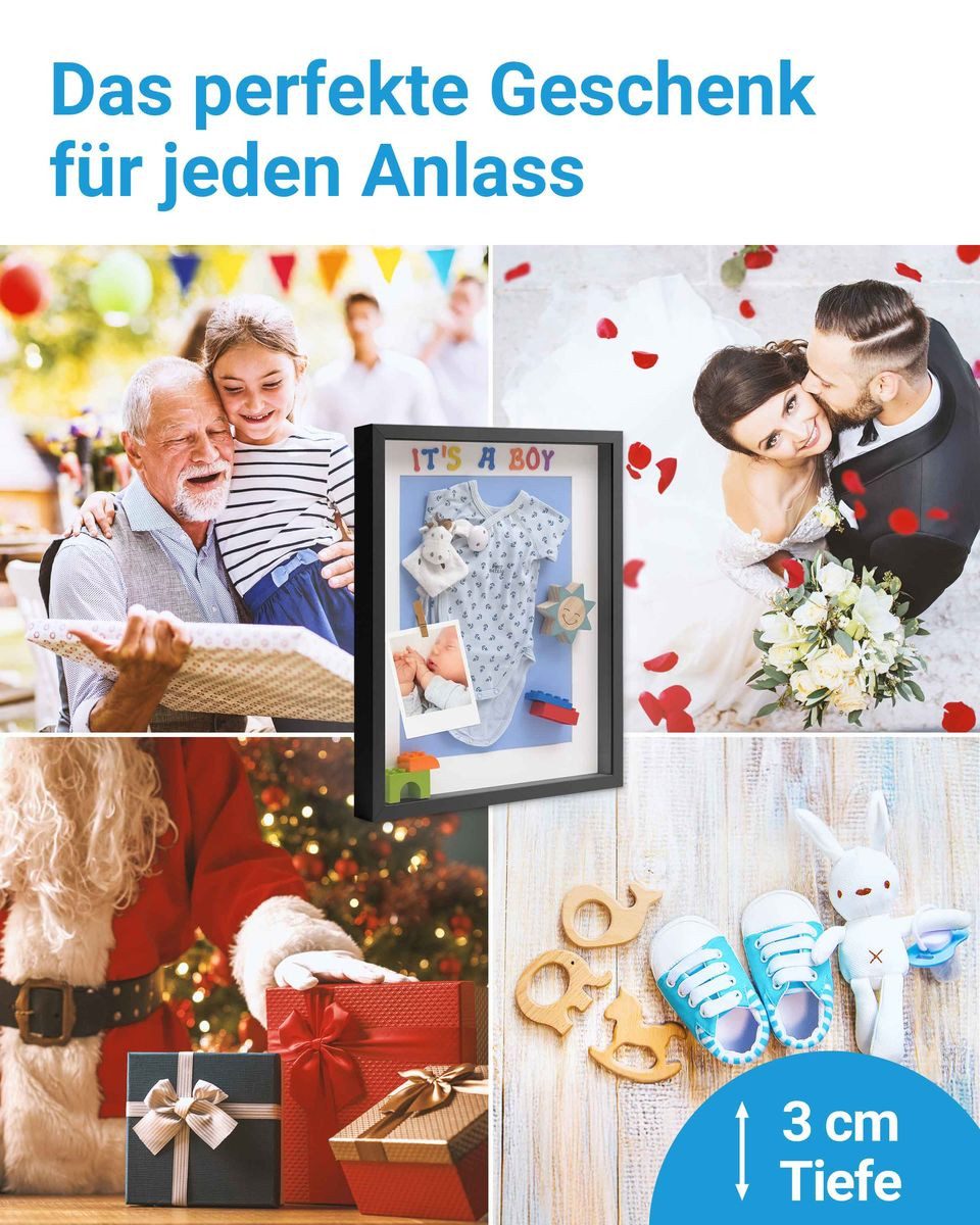 PHOTOLINI Bilderrahmen 2er Set 3D-Objektrahmen tief zum Befüllen mit Glasscheibe, für 2 Bilder (2er Set), tiefe Rahmen A4 21x30 cm mit Passepartout für Objekte  – Bild 4 von 5