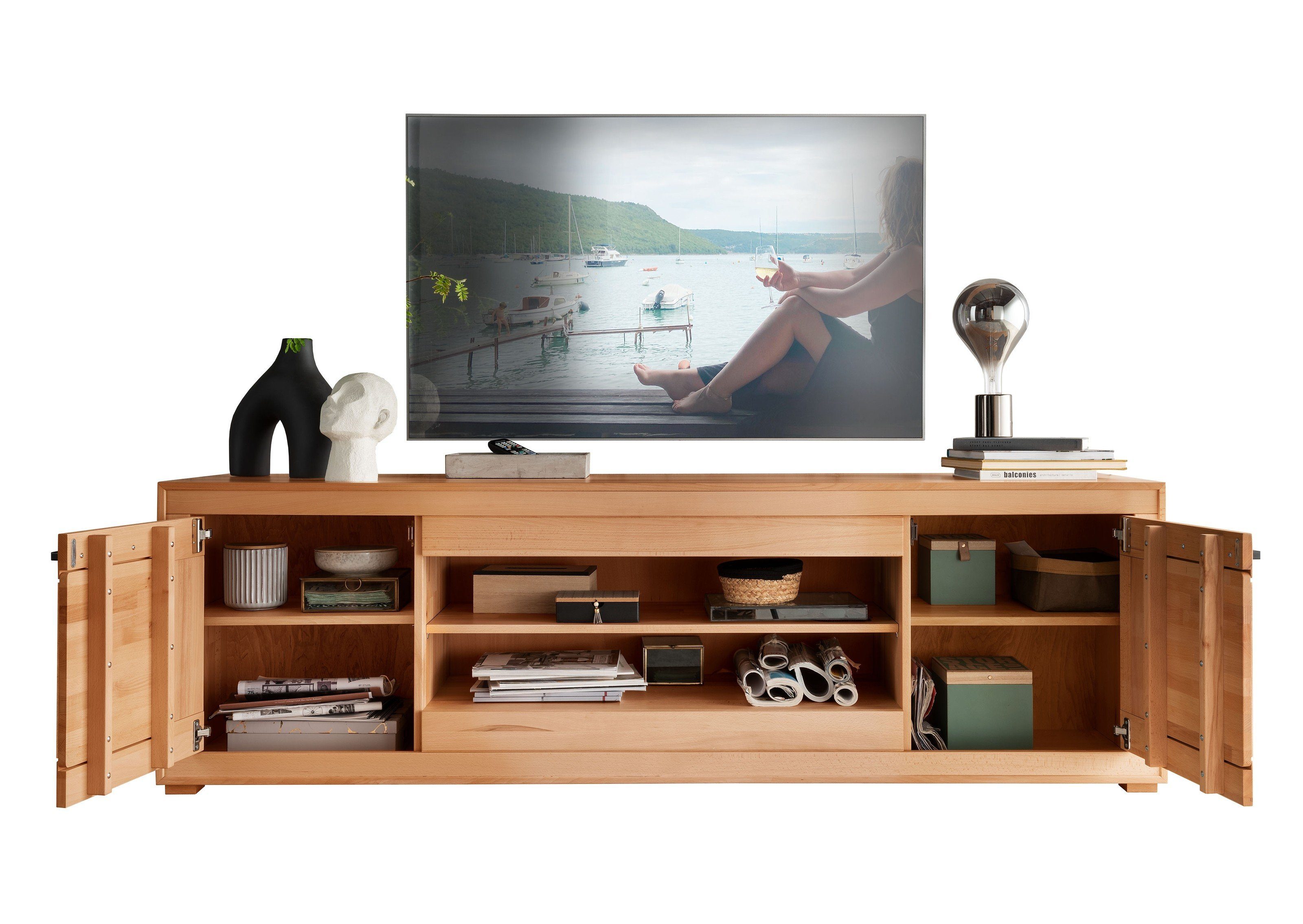 TV-Wand mit möbelando Türen in WZ-0315, natur cm), 200x62x46 (BxHxT: 2 aus Kernbuche geölt