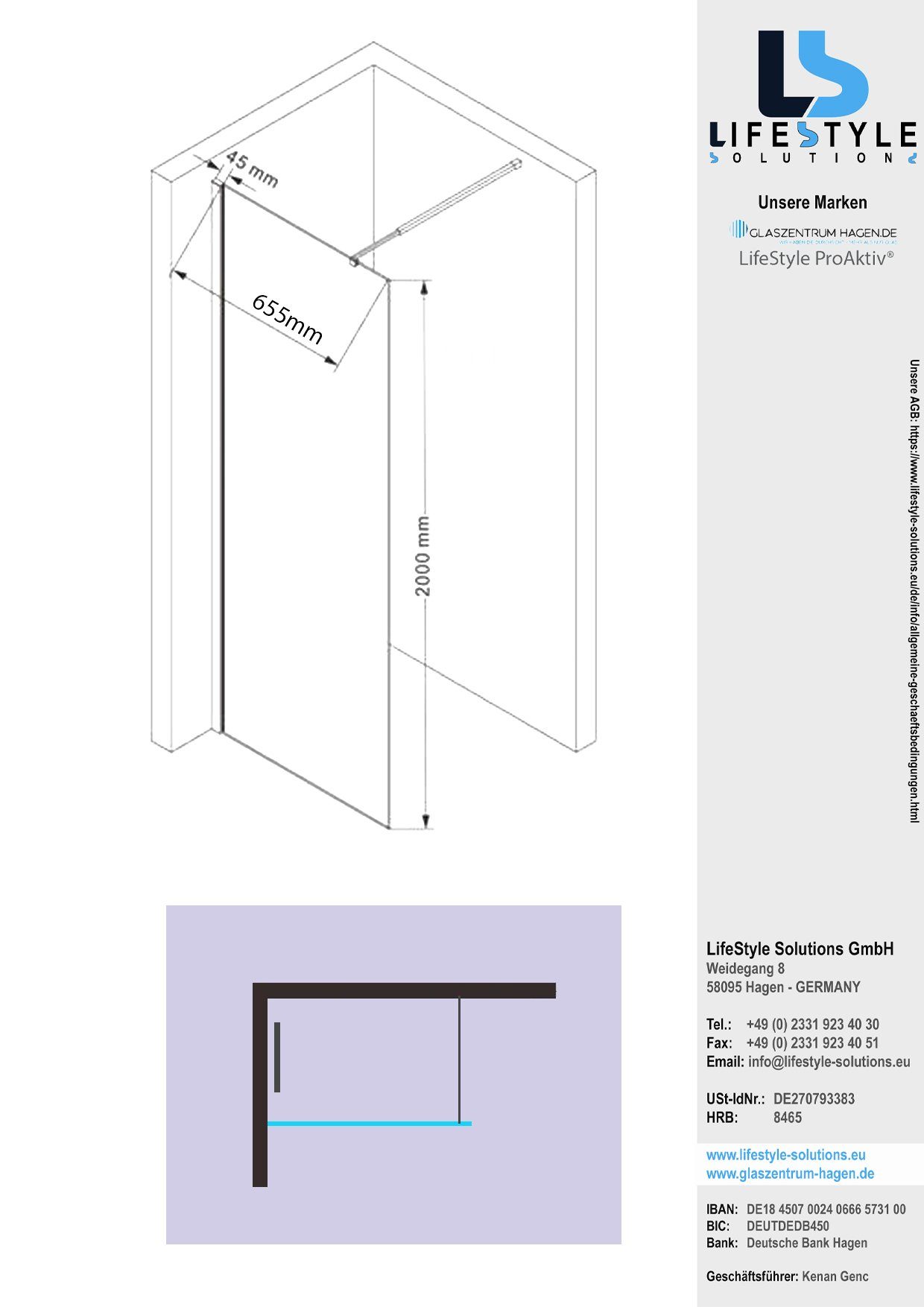 Glaszentrum Hagen Walk-in-Dusche Glaszentrum Hagen (GD) 70x200 cm Walk in Dusche Klar, ESG Glas
