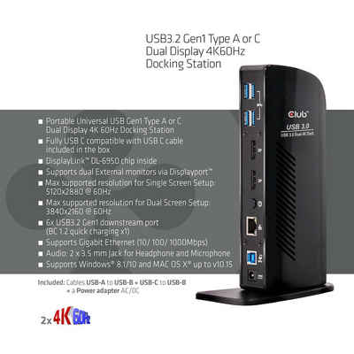 CLUB3D Laptop-Dockingstation CLUB3D 4K Dockingst.60Hz USB3 ->6xUSB3/2xDP/LAN/Audio bl. retail