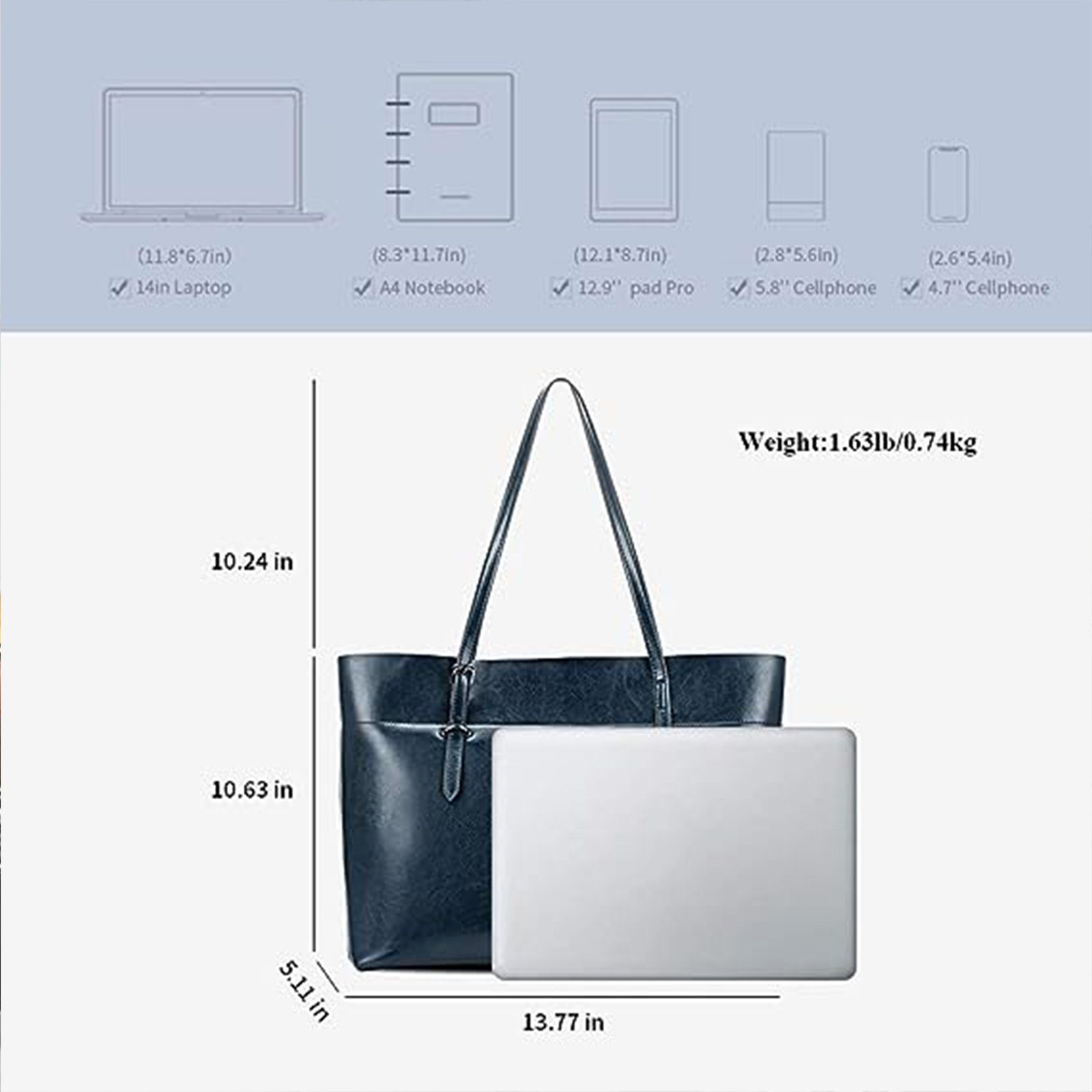 REDOM Handtasche Arbeitstasche Leder Frauen Büro Aktentasche, Tasche Reisen Unitasche, Griff), Freizeittasche Bürotasche, Schule Ledertasche Laptoptasche Arbeit Vintage Henkeltasche Business Dunkelblau Damen Top Schultertasche für Tragetasche Freizeit Jungen (Leder Shopper , Damen