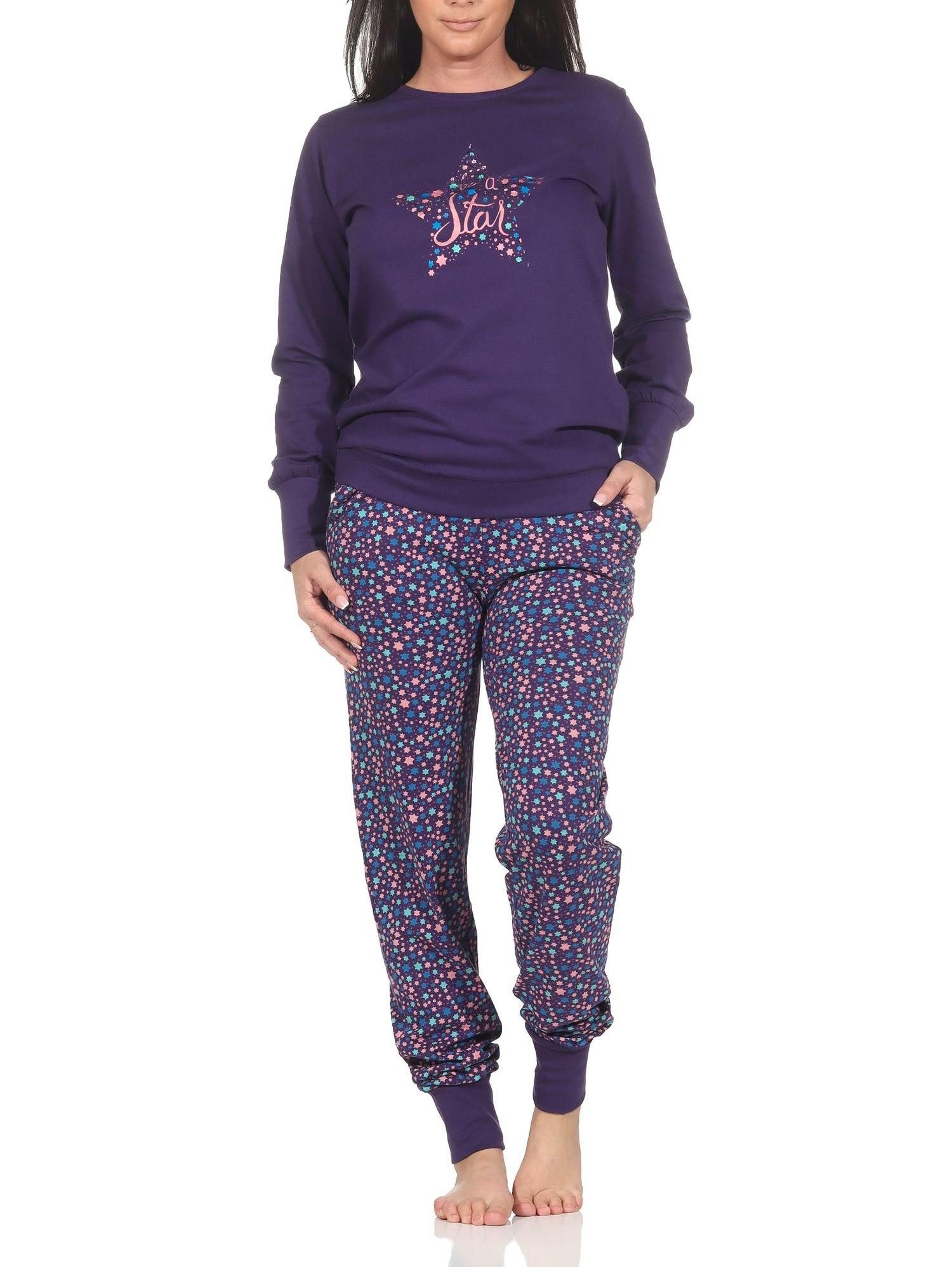 Normann Pyjama Damen Schlafanzug langarm mit Bündchen in Sterne Optik – Bild 2 von 5