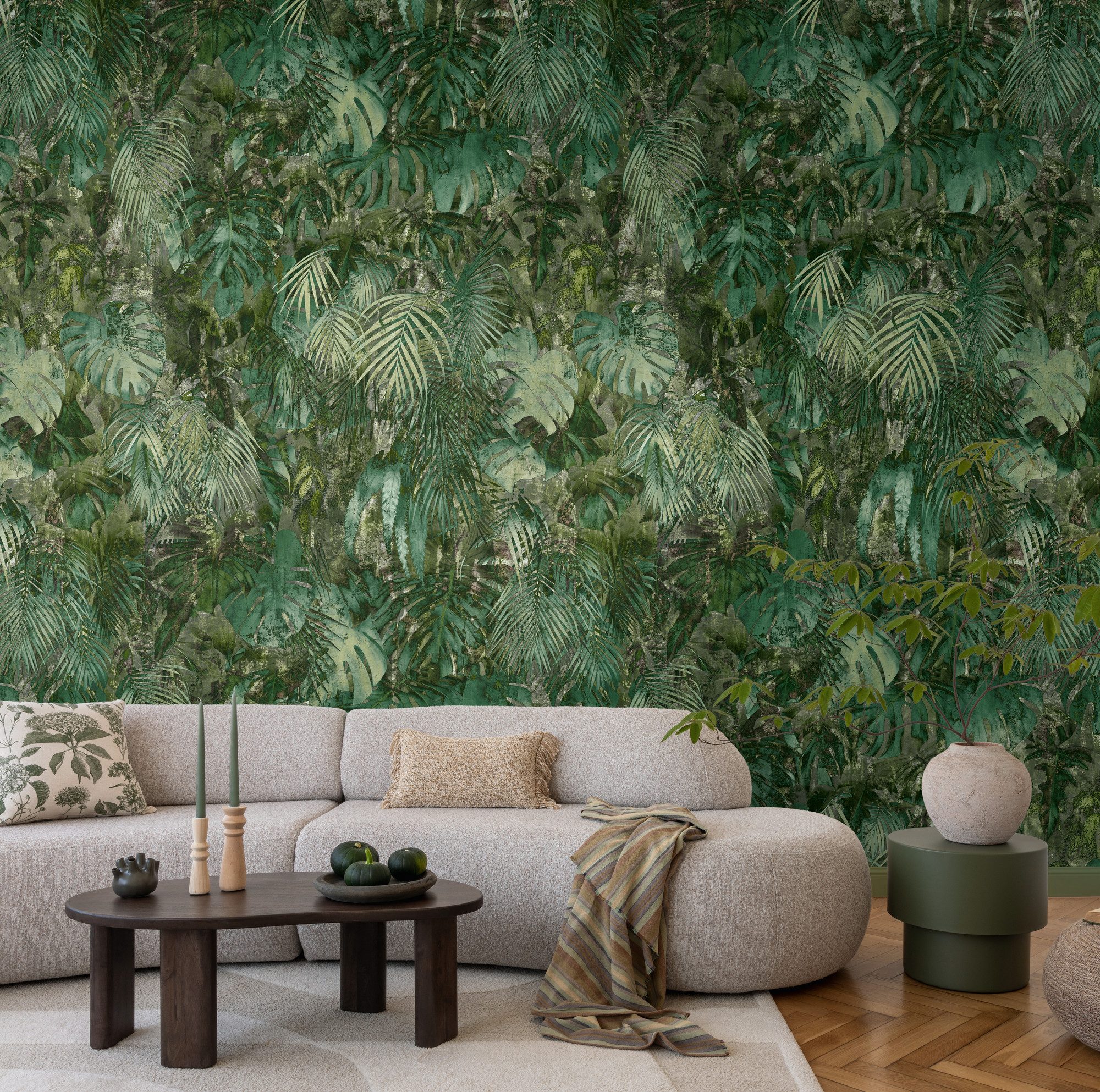 living walls Fototapete The Wall 4 Botanic – Tropische Dschungelblätter Vlies-Fototapete, leicht strukturiert, matt, tropisch, botanisch, (1 St), Tropische Dschungelblätter mit atmosphärischer Tiefe