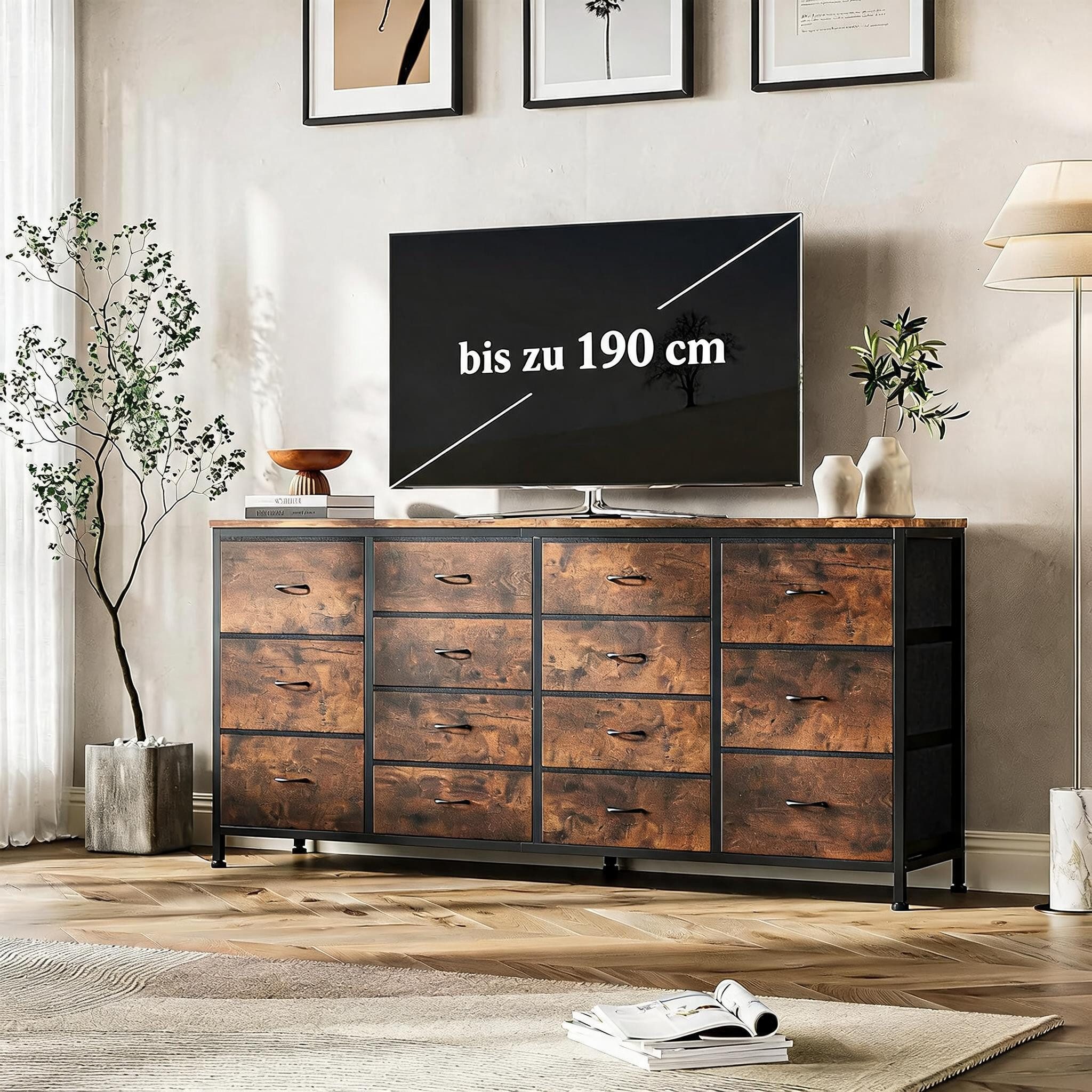 GarveeMore TV-Bank 160cm TV-Schrank mit 14 Schubladen, Steckdosen Holzmaserung