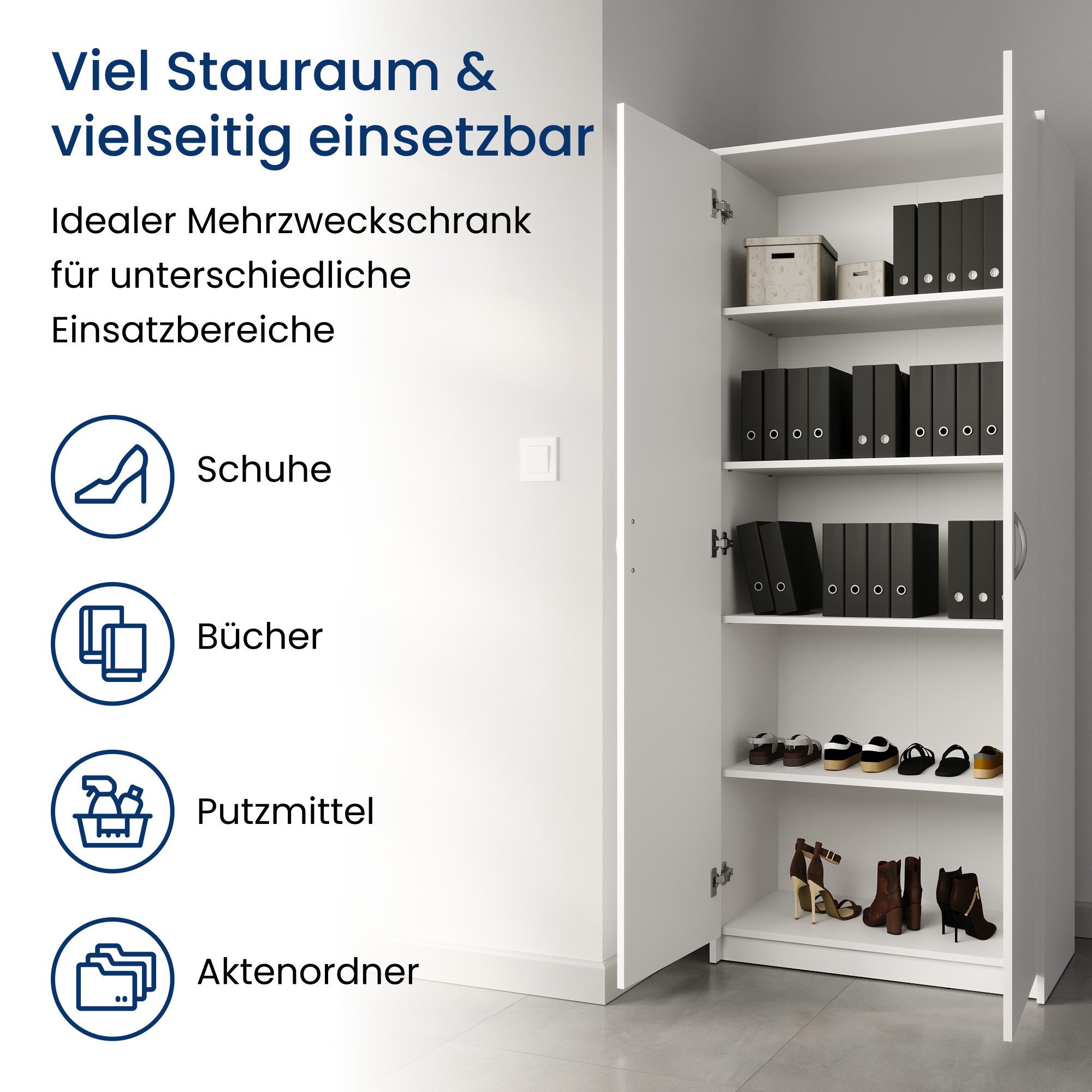 Home Collective Mehrzweckschrank Schrank Aktenschrank Hochschrank Mehrzweckschrank 2-türig 5 Fächer (74 cm breit aus Laminatplatte und hochwertigen Polymergriffen) robust & vielseitig viel Stauraum 74x35x180 (BxTxH) weiß