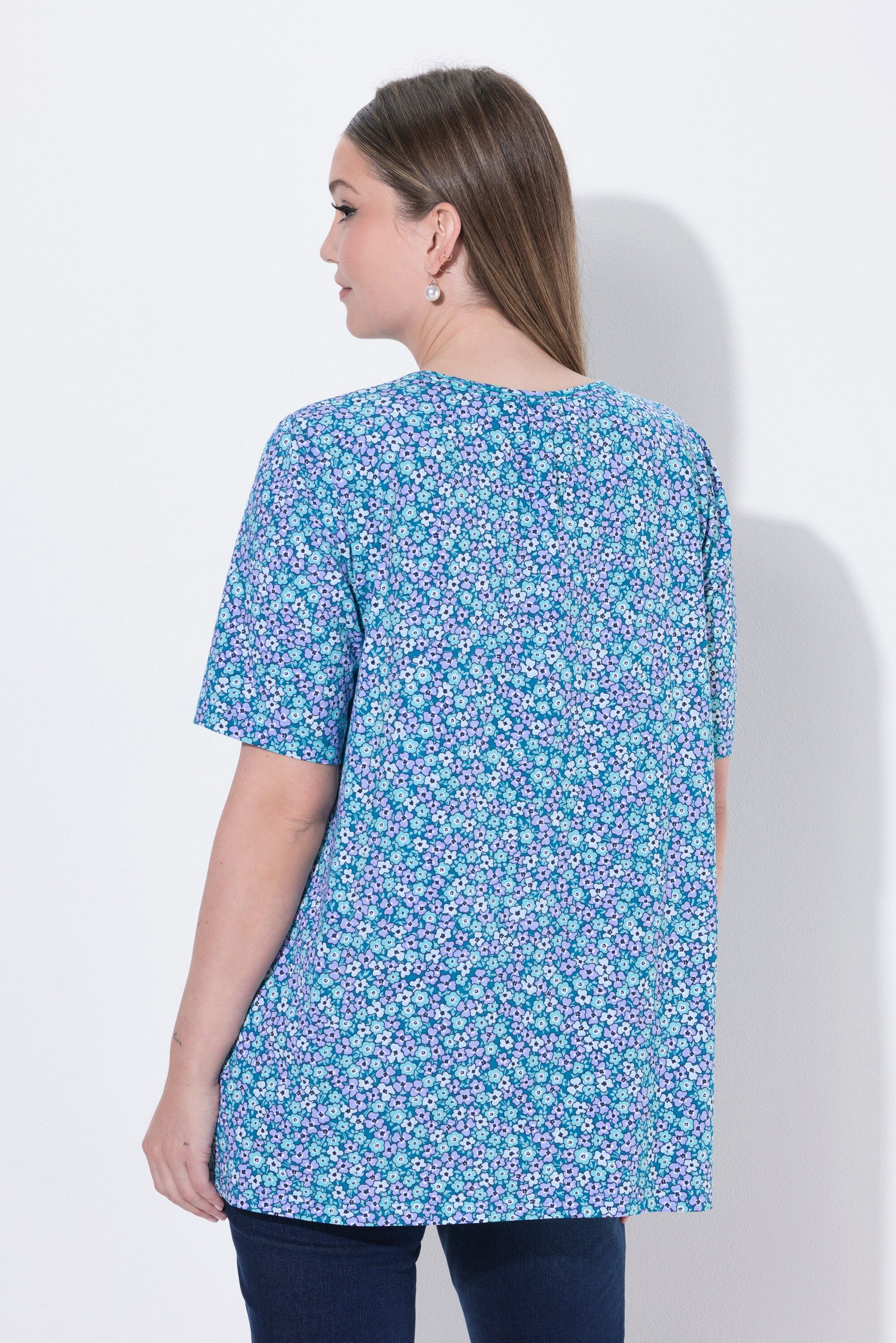 Ulla Popken T-Shirt T-Shirt Blüten A-Linie V-Ausschnitt Halbarm