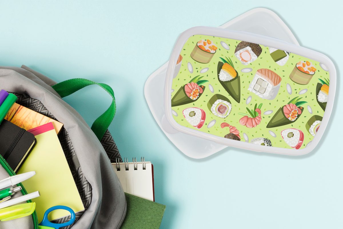 Lunchbox Jungs Japan Brotdose, Muster und MuchoWow - Kunststoff, weiß Grün, Kinder - und (2-tlg), Mädchen Erwachsene, Sushi für für Brotbox -